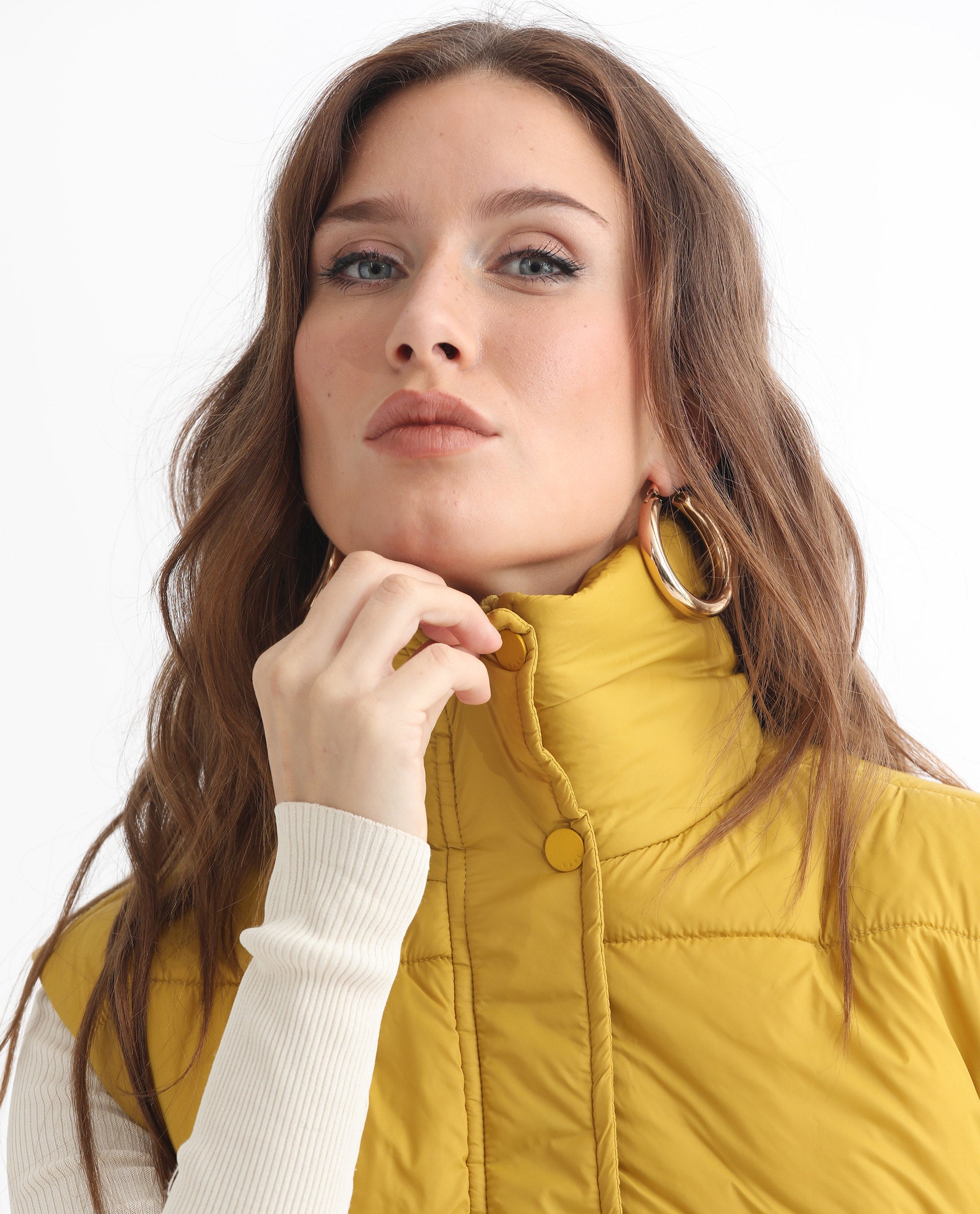Rareism Women Ziazan Yellow Polyester Fabric Sleeveless Solid High Neck Jacket