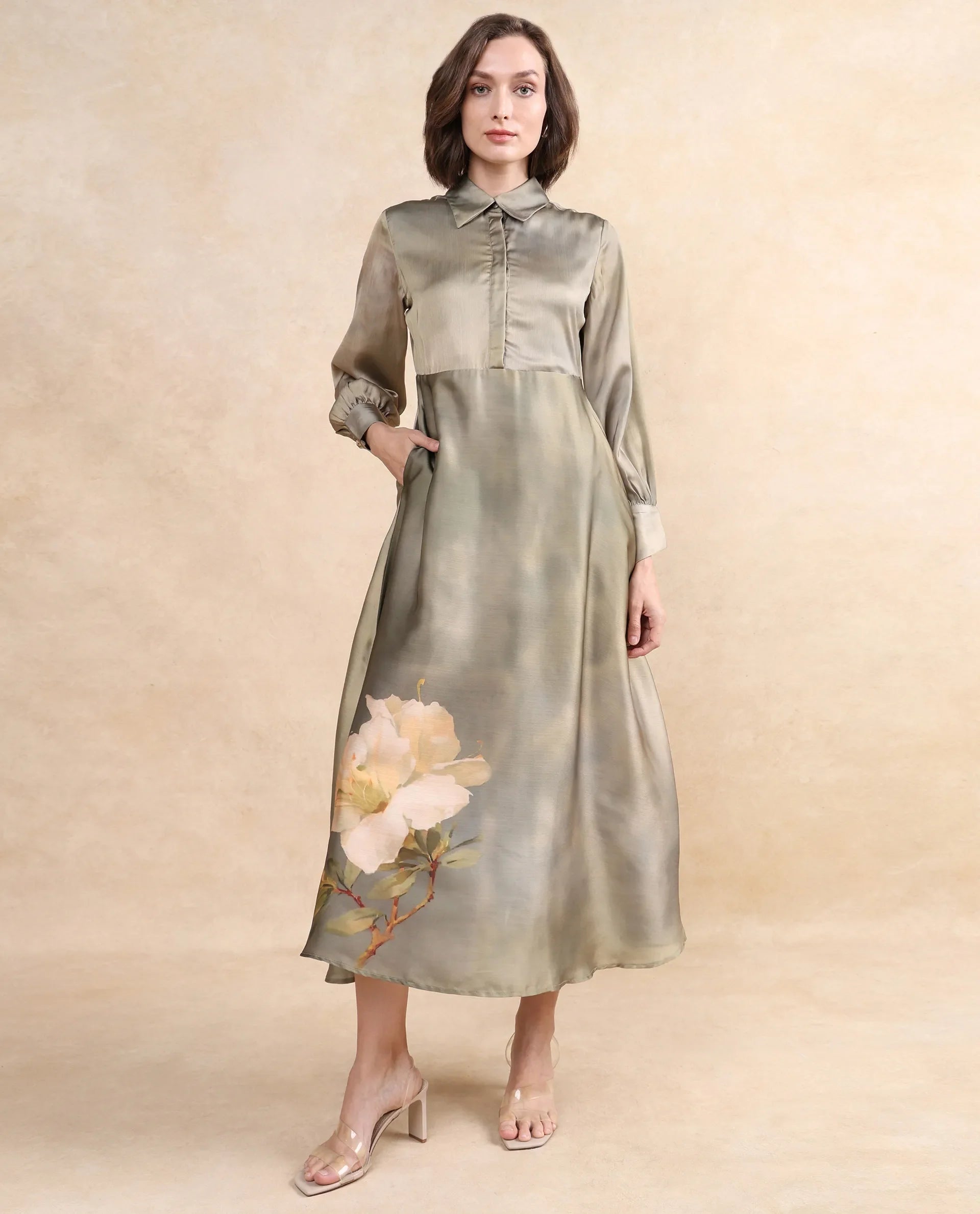 Rareism Women's Zihawk Olive Satin Drop Collar Floral Print Cuffed Sleeve Midi Flared Dress