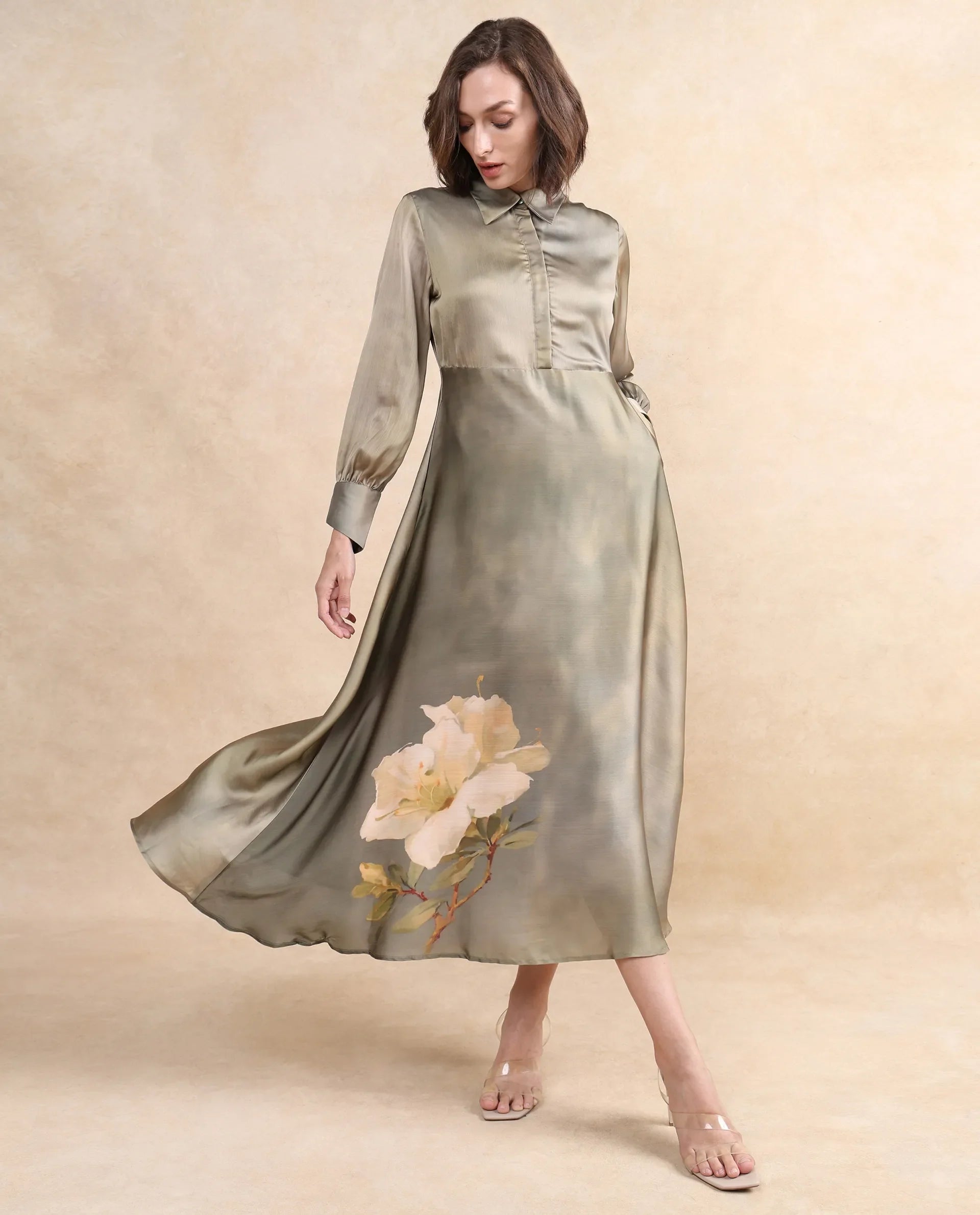 Rareism Women's Zihawk Olive Satin Drop Collar Floral Print Cuffed Sleeve Midi Flared Dress