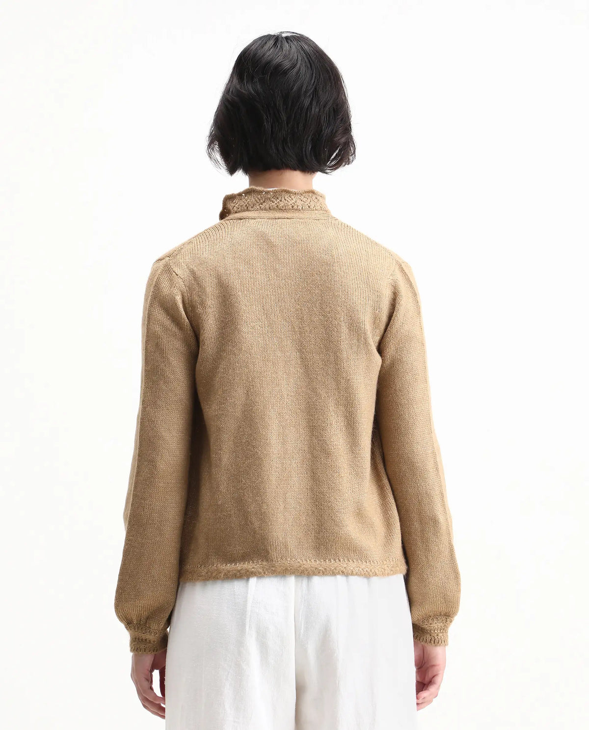 Rareism Women's Zika Khaki Acrylic Blend Spread Collar Regular Fit Sweater