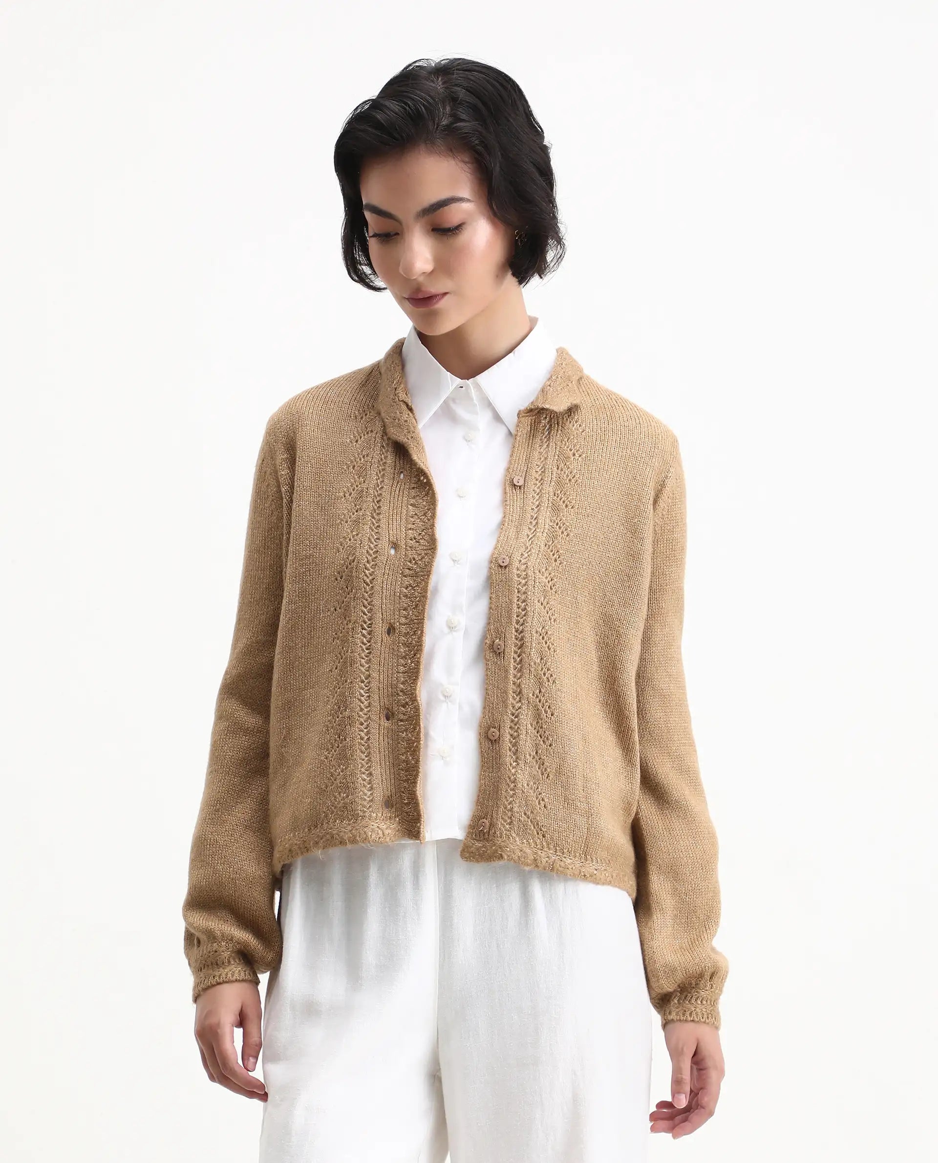 Rareism Women's Zika Khaki Acrylic Blend Spread Collar Regular Fit Sweater