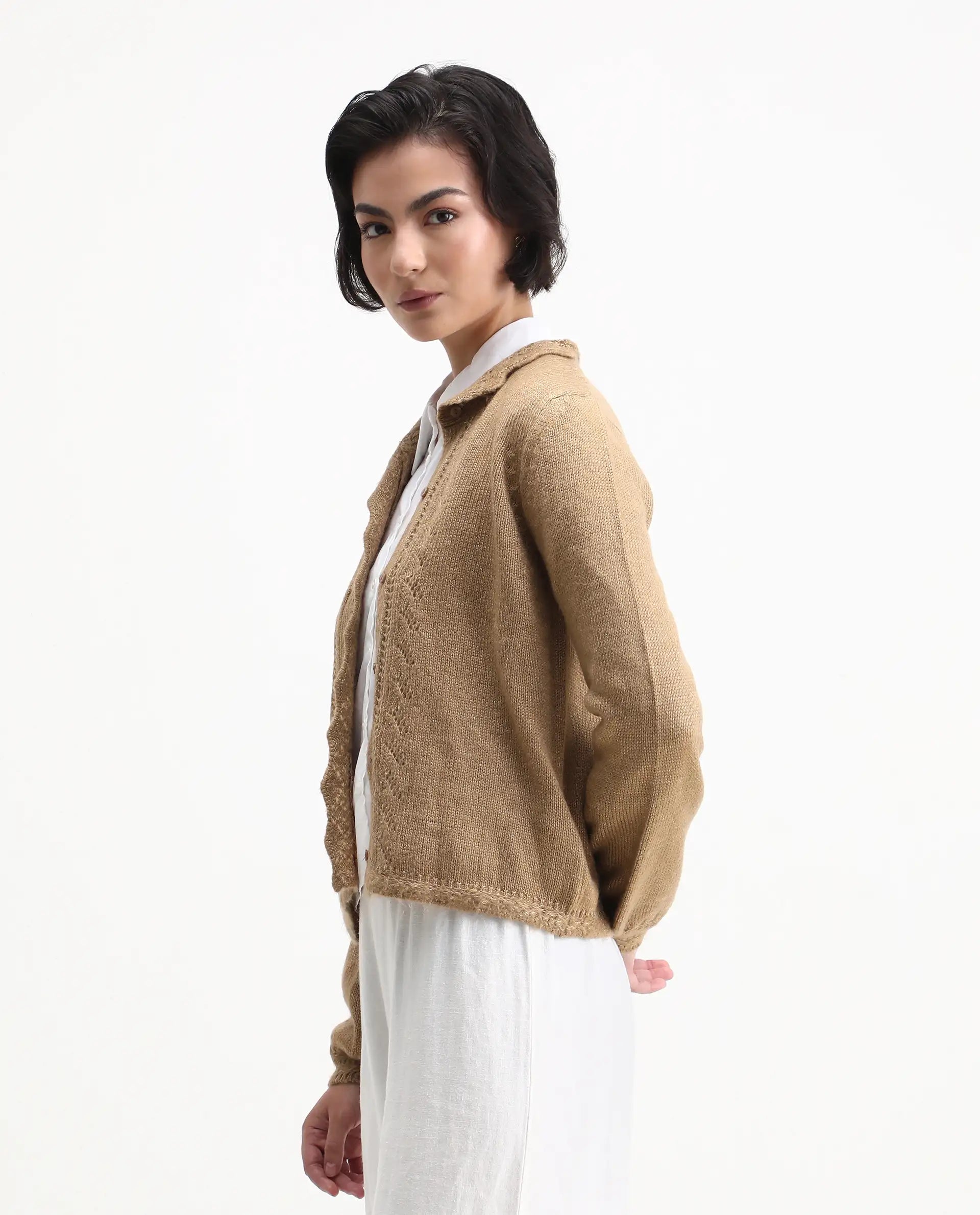 Rareism Women's Zika Khaki Acrylic Blend Spread Collar Regular Fit Sweater