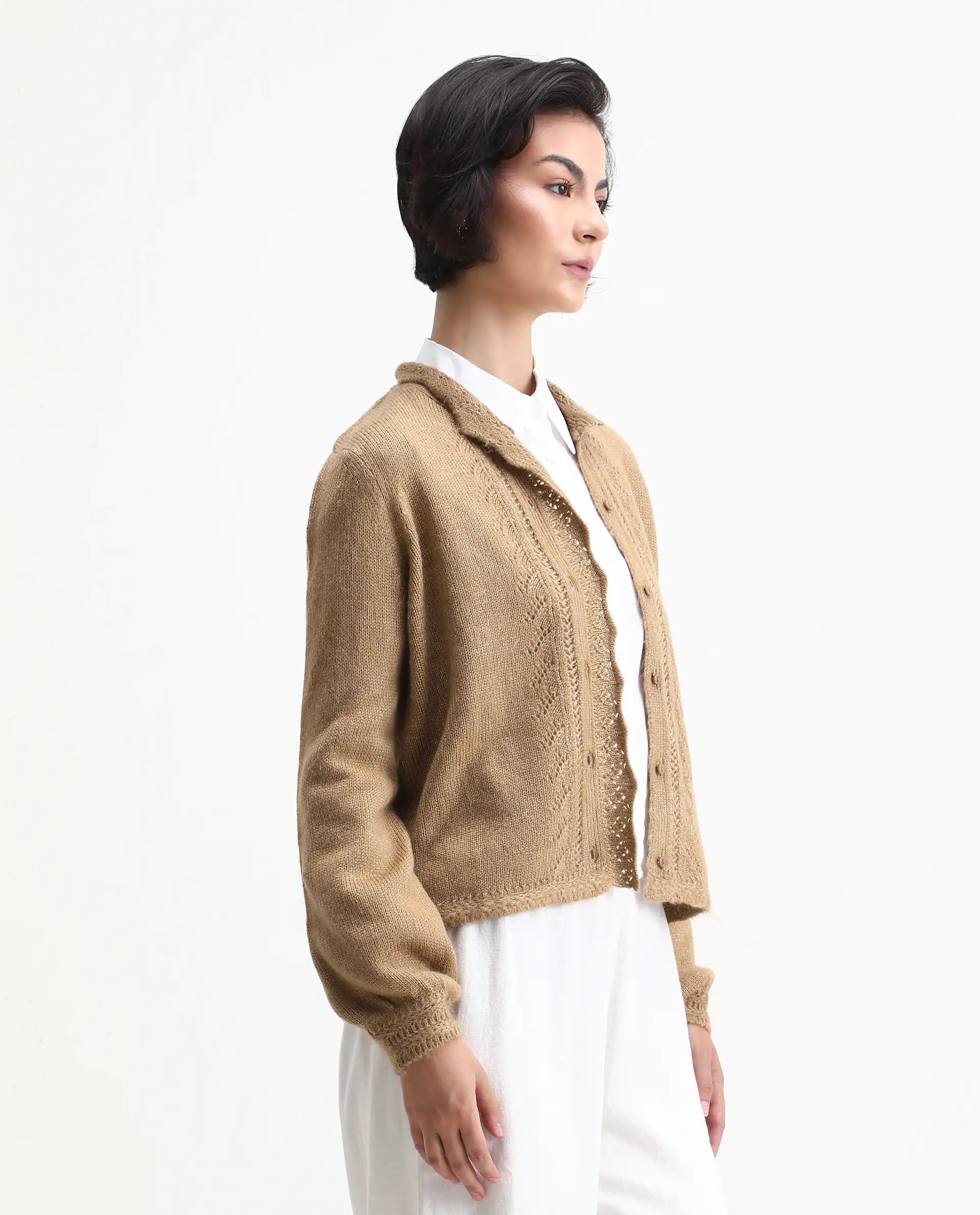 Rareism Women's Zika Khaki Acrylic Blend Spread Collar Regular Fit Sweater