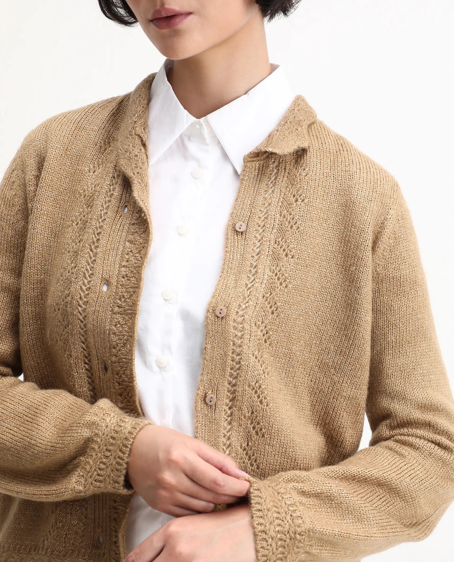 Rareism Women's Zika Khaki Acrylic Blend Spread Collar Regular Fit Sweater