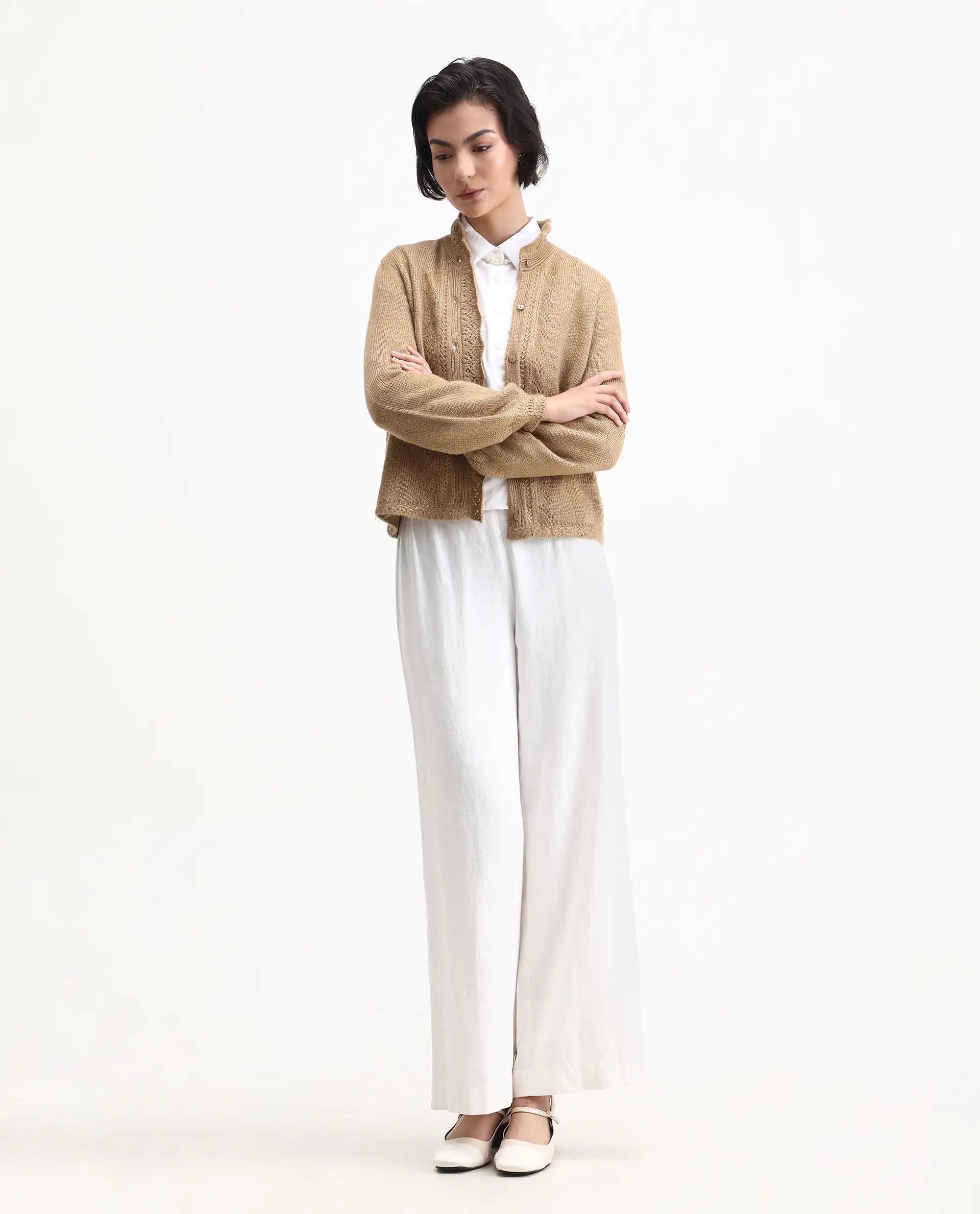 Rareism Women's Zika Khaki Acrylic Blend Spread Collar Regular Fit Sweater