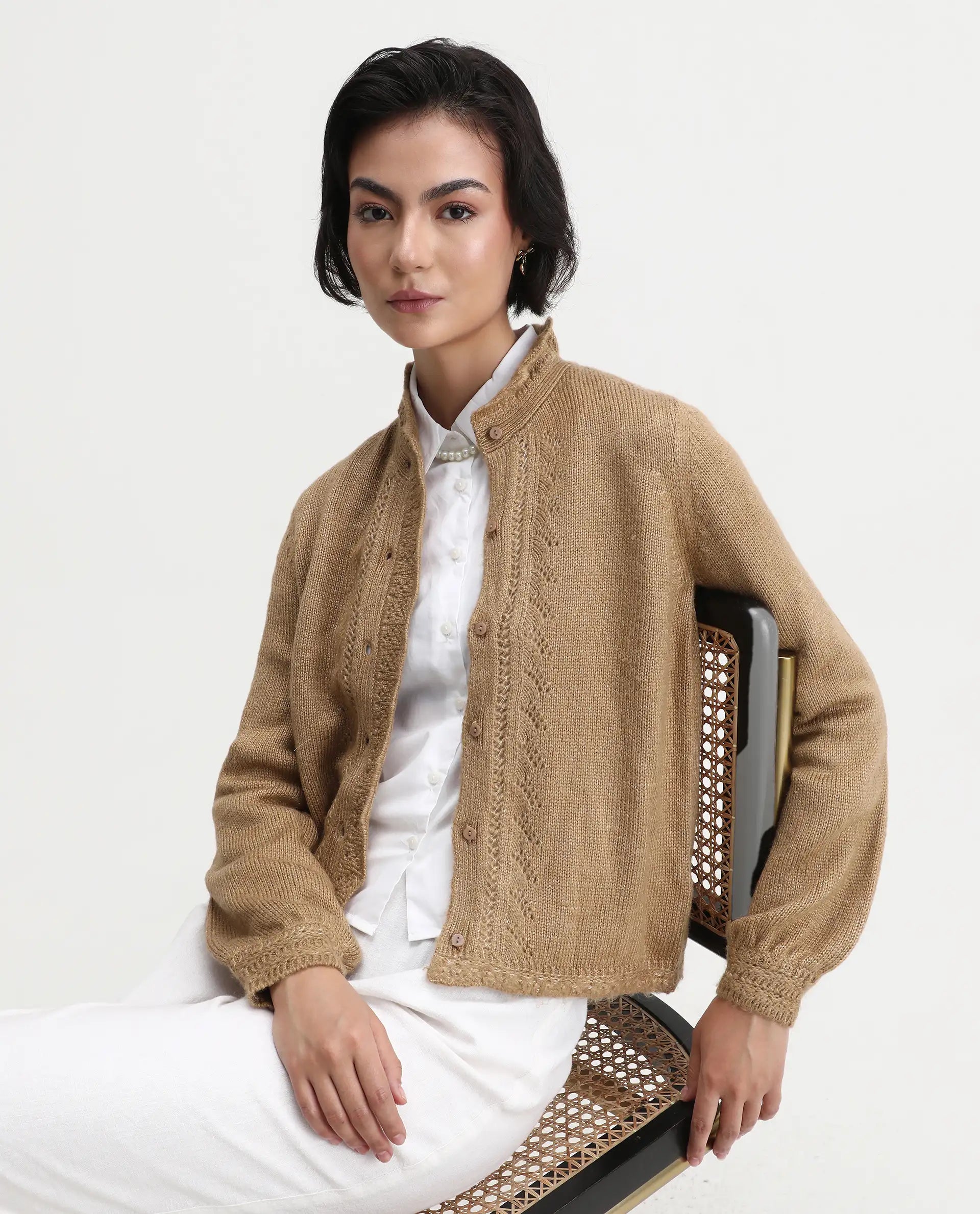 Rareism Women's Zika Khaki Acrylic Blend Spread Collar Regular Fit Sweater