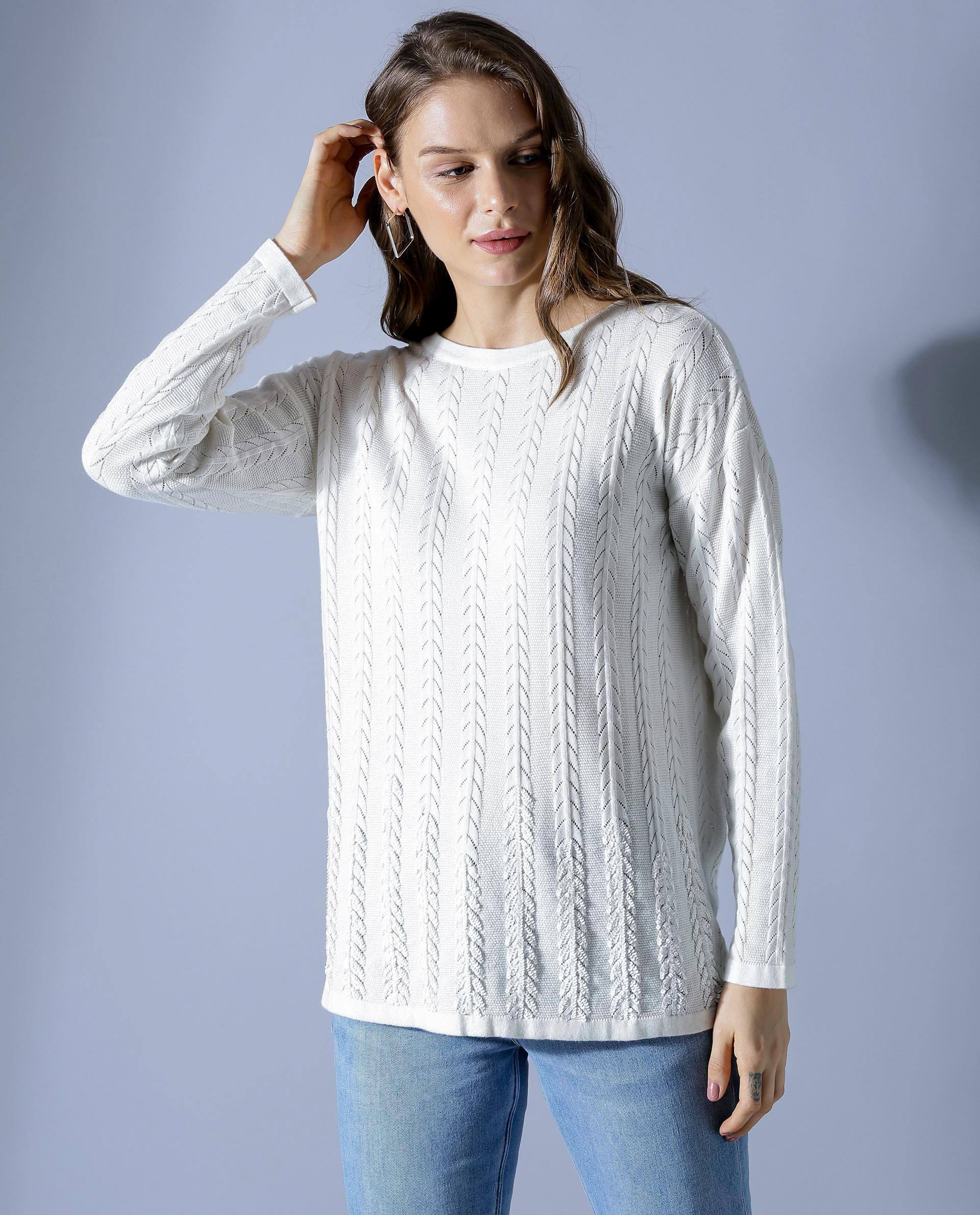 Rareism Women Zinnia 1 White Sweater Full Sleeves