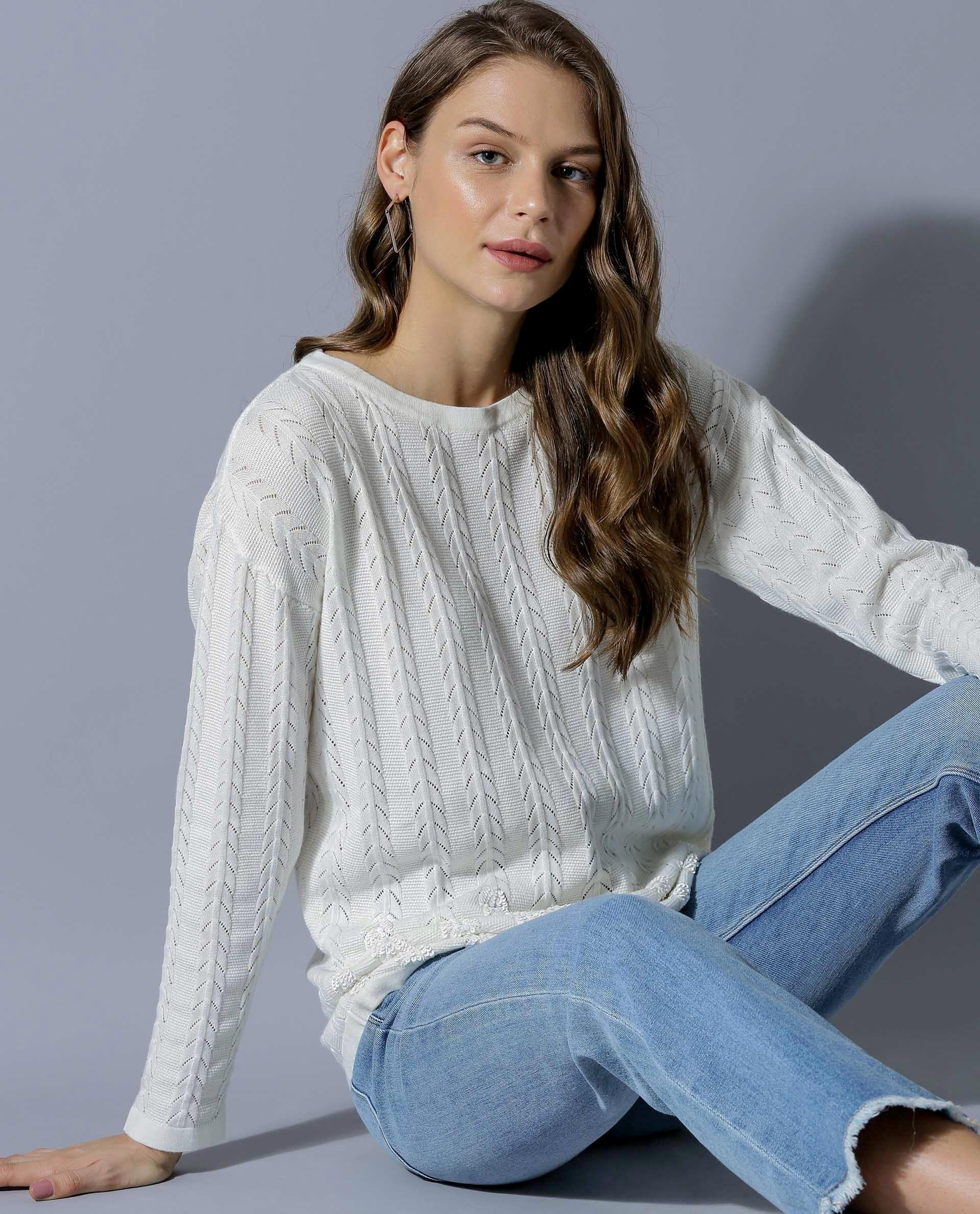 Rareism Women Zinnia 1 White Sweater Full Sleeves