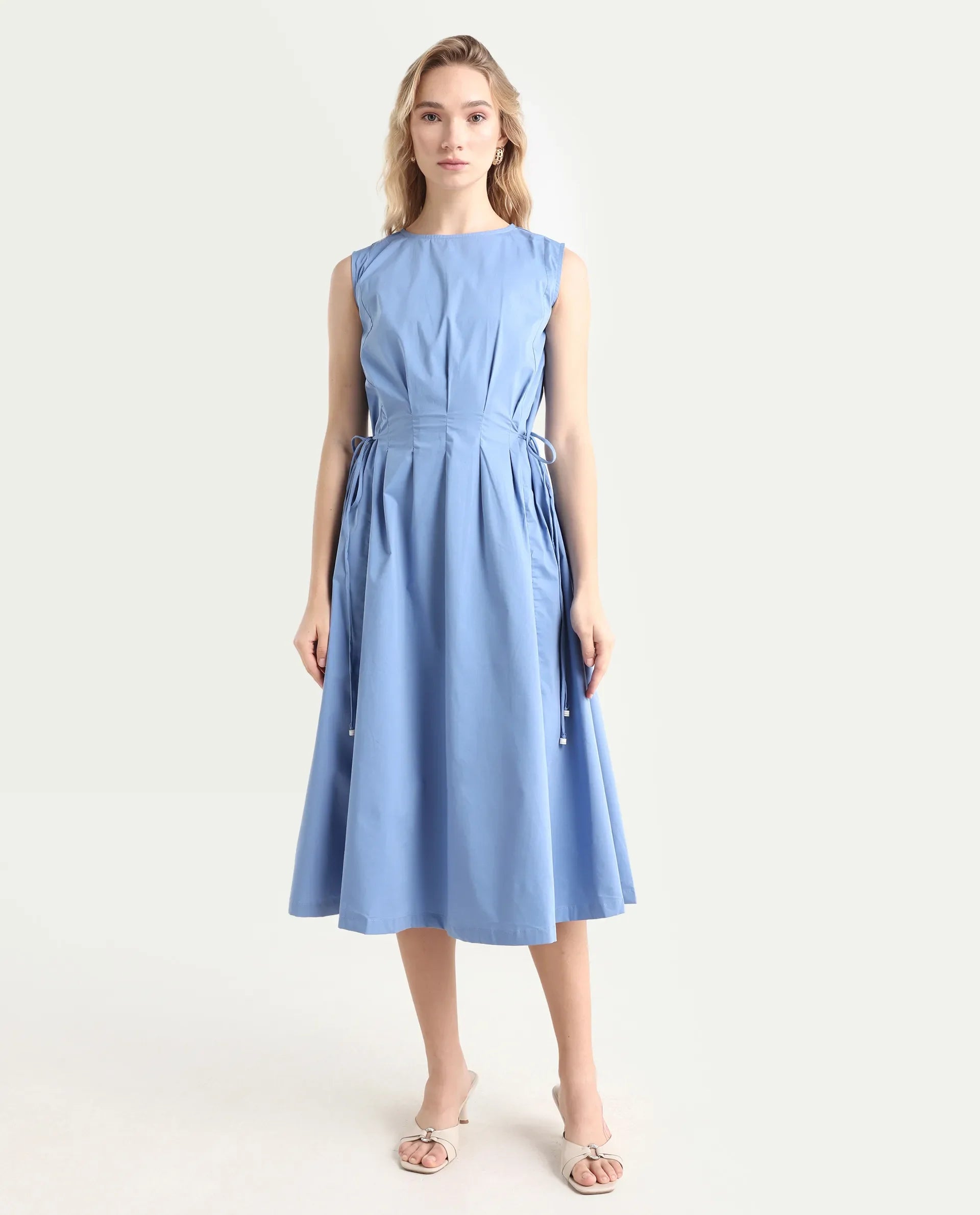 Rareism Women's Zippo Blue Boat Neck Plain Sleeveless Knee Length Regular Fit Dress