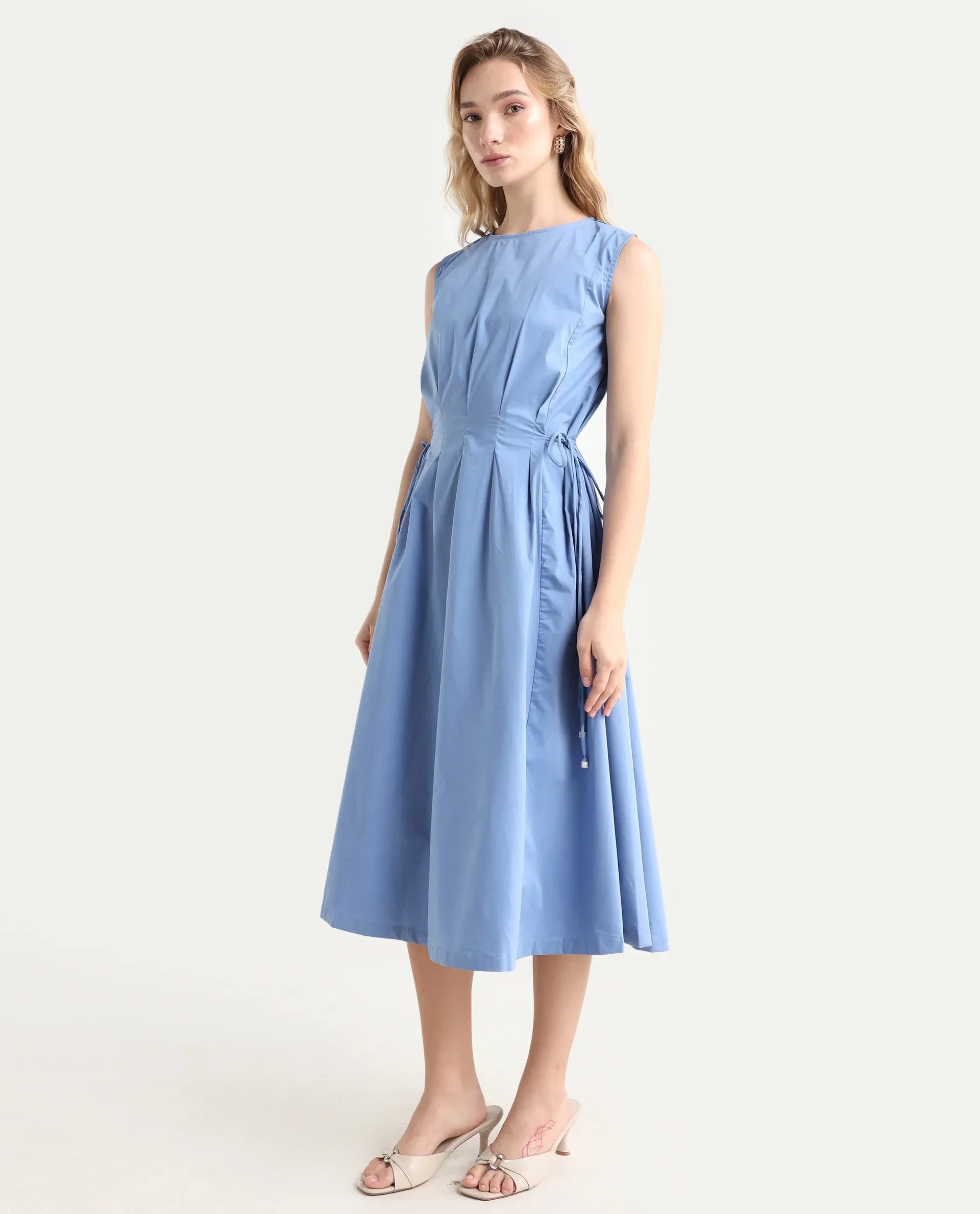 Rareism Women's Zippo Blue Boat Neck Plain Sleeveless Knee Length Regular Fit Dress