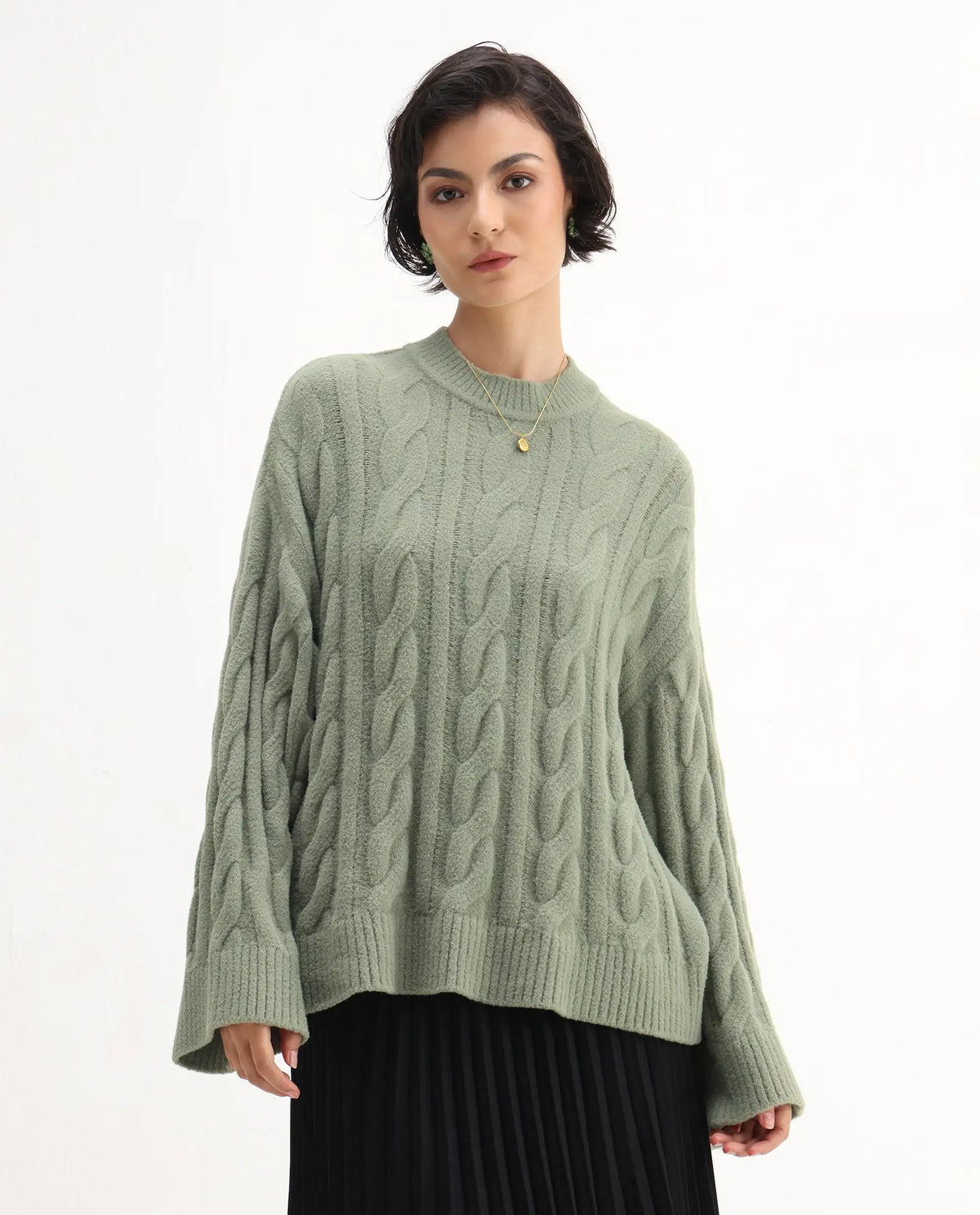Rareism Women's Ziv Olive Nylon High Neck Oversize Fit Sweater