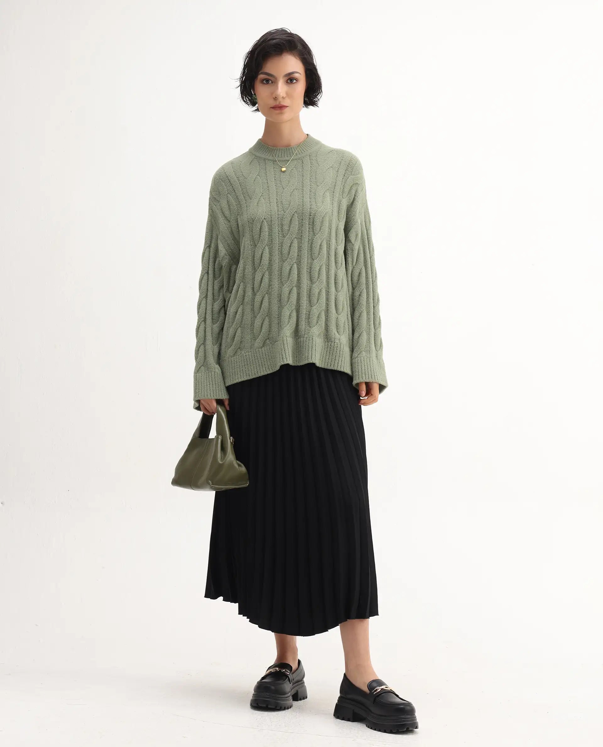 Rareism Women's Ziv Olive Nylon High Neck Oversize Fit Sweater