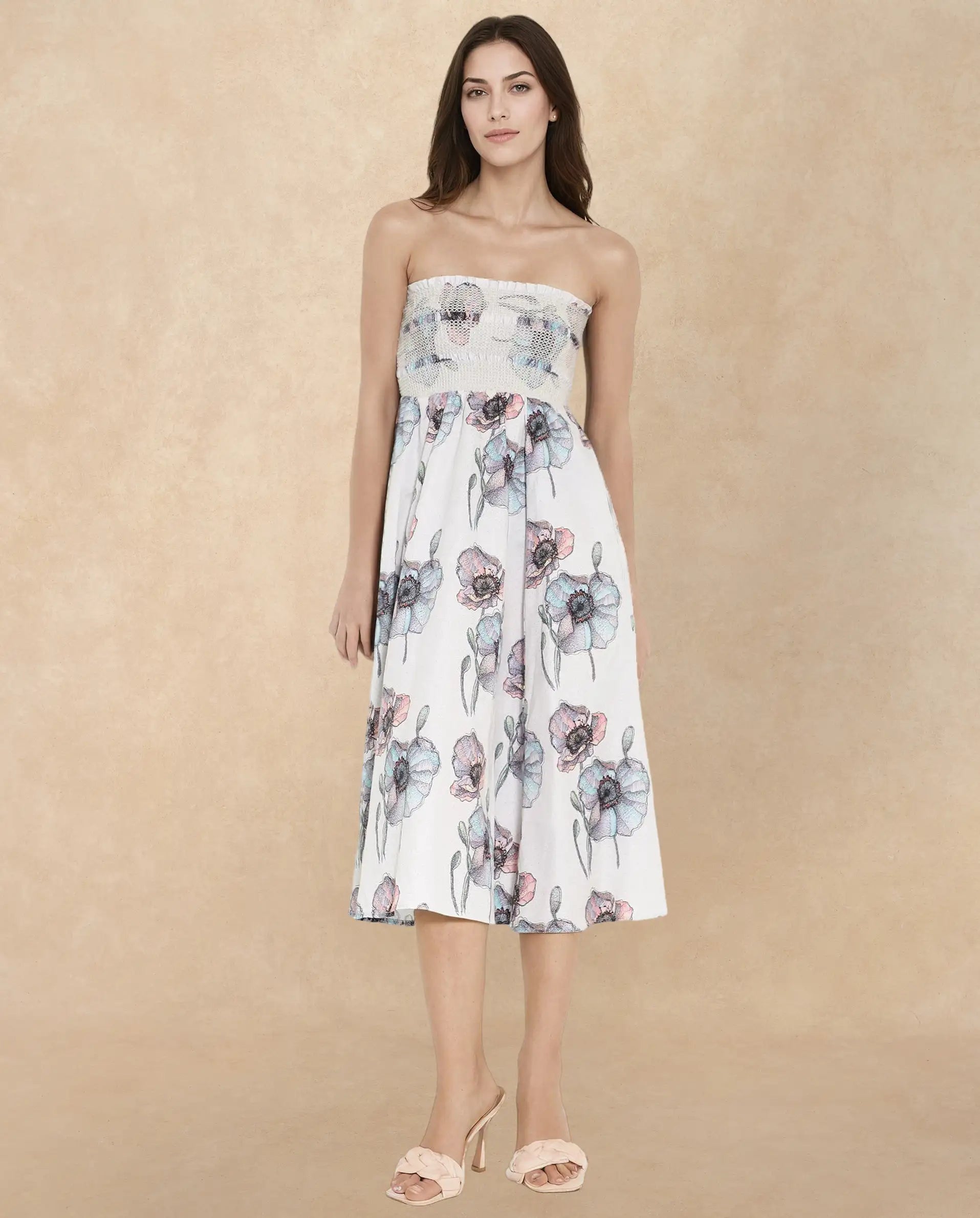 Rareism Women's Zobian Multi Cotton Tube Neck Floral Print Shoulder Strap Midi Fit And Flare Dress
