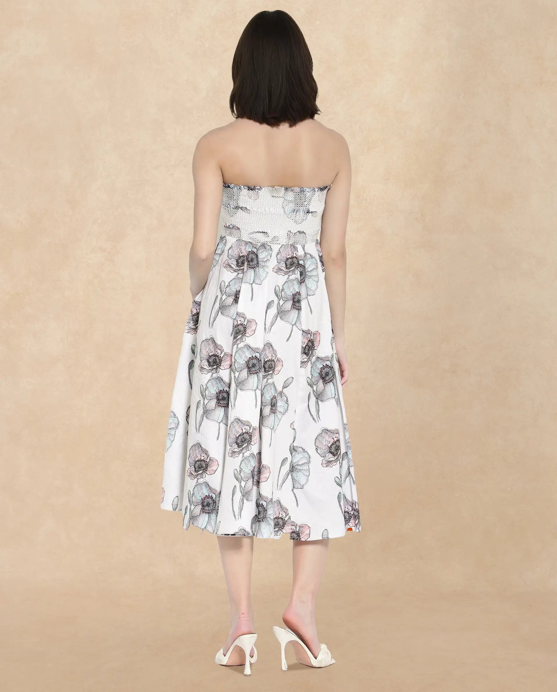Rareism Women's Zobian Multi Cotton Tube Neck Floral Print Shoulder Strap Midi Fit And Flare Dress