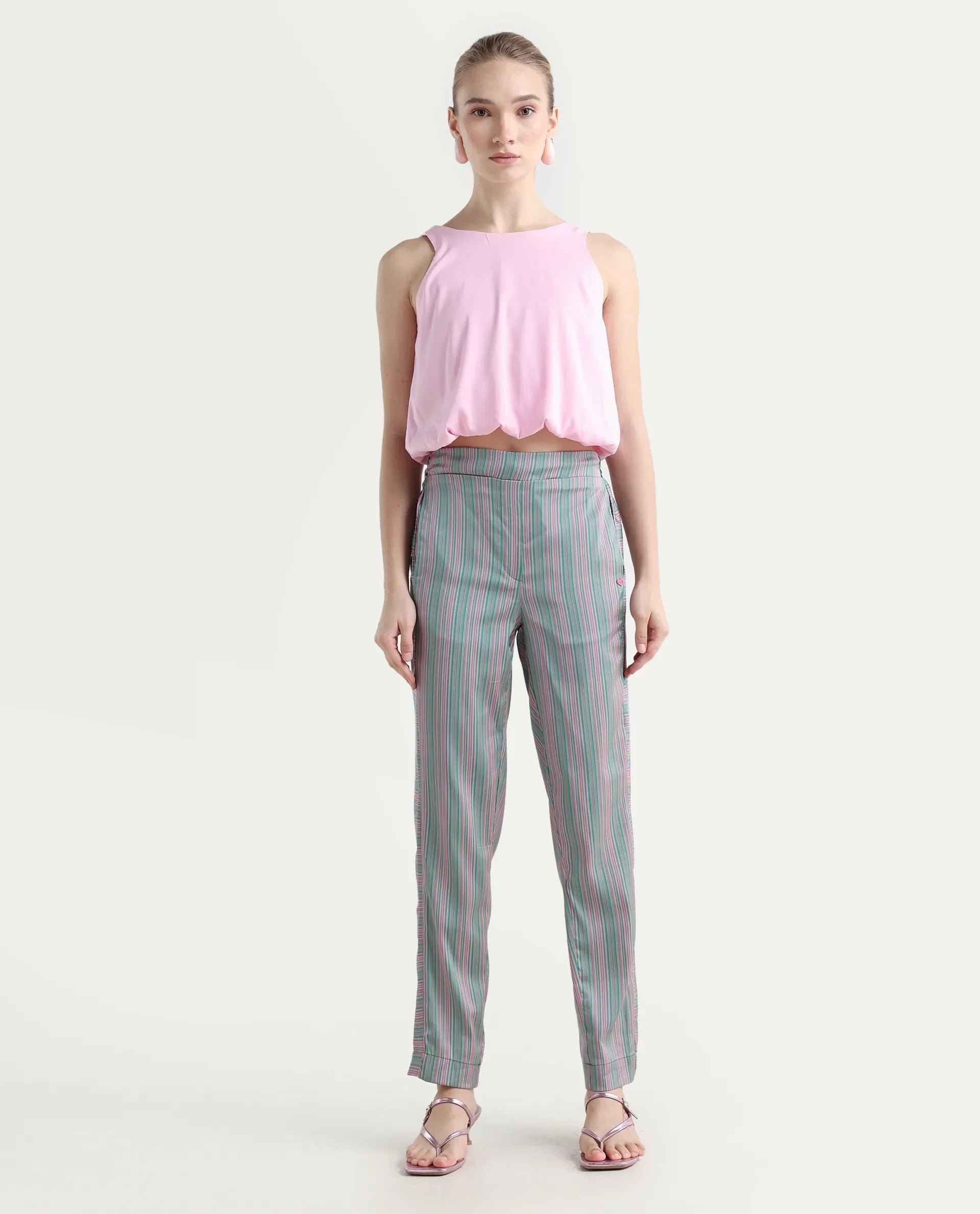 Rareism Women's Zoe Pink Polyester Striped Ankle Length Tailored Trouser