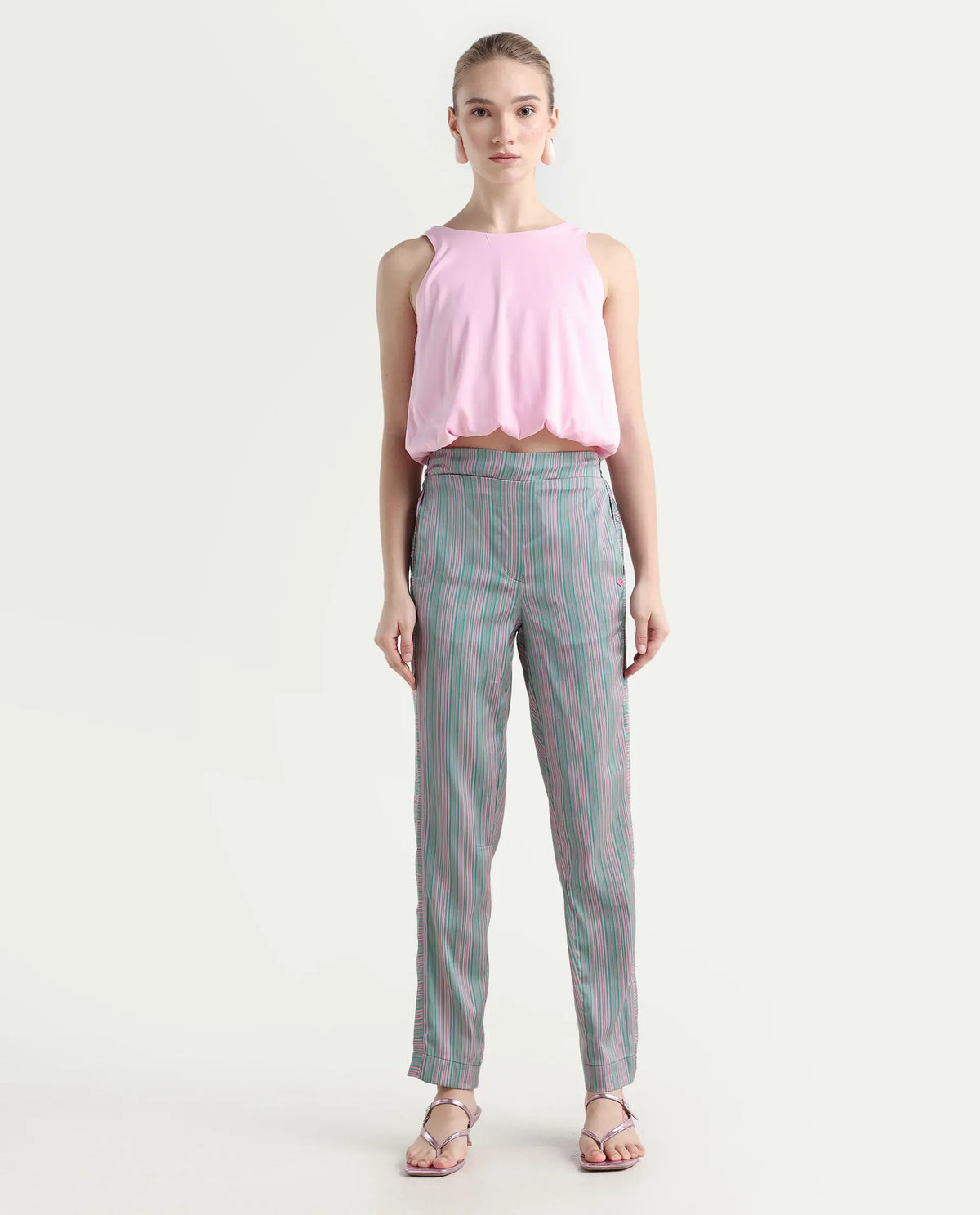 Rareism Women's Zoe Pink Polyester Striped Ankle Length Tailored Trouser