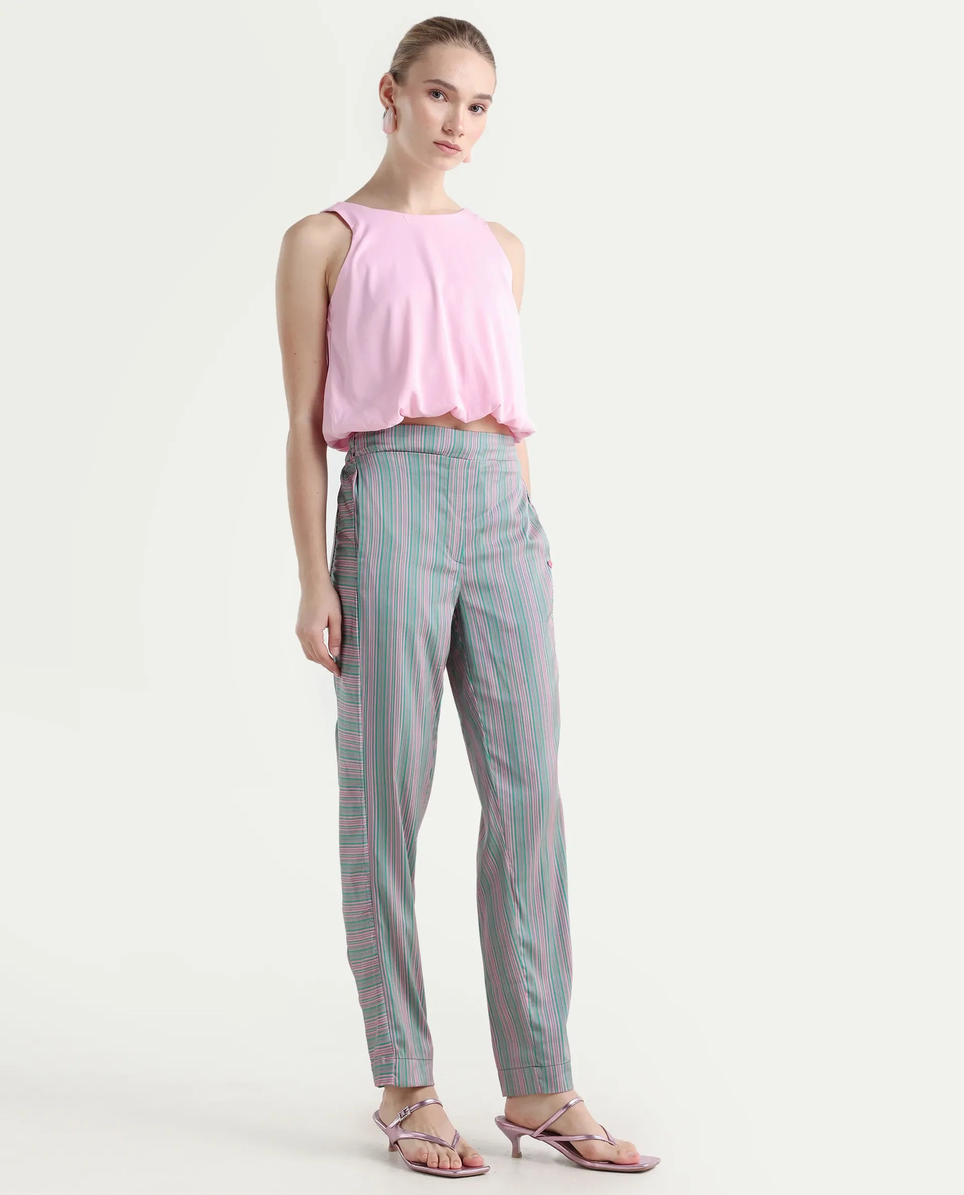 Rareism Women's Zoe Pink Polyester Striped Ankle Length Tailored Trouser
