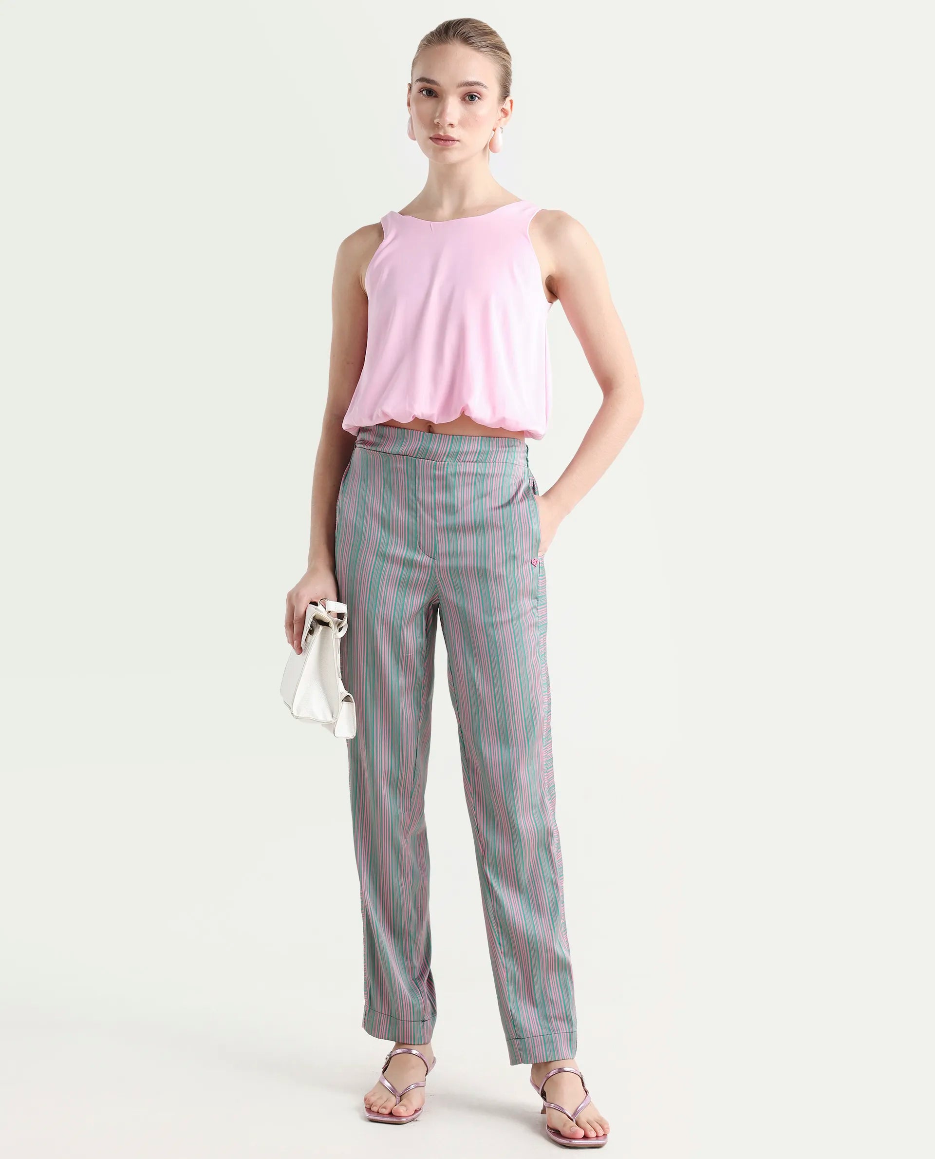 Rareism Women's Zoe Pink Polyester Striped Ankle Length Tailored Trouser