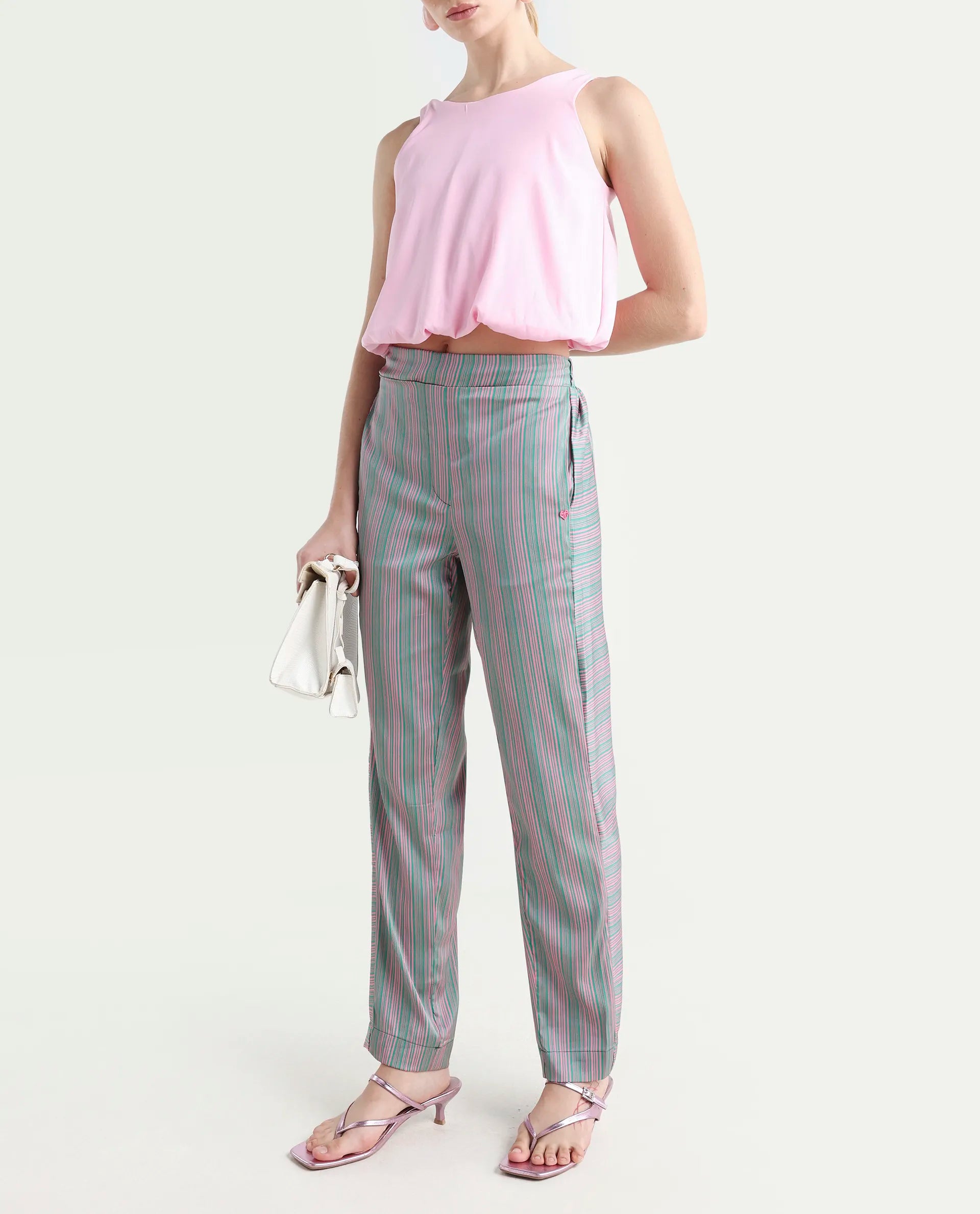 Rareism Women's Zoe Pink Polyester Striped Ankle Length Tailored Trouser