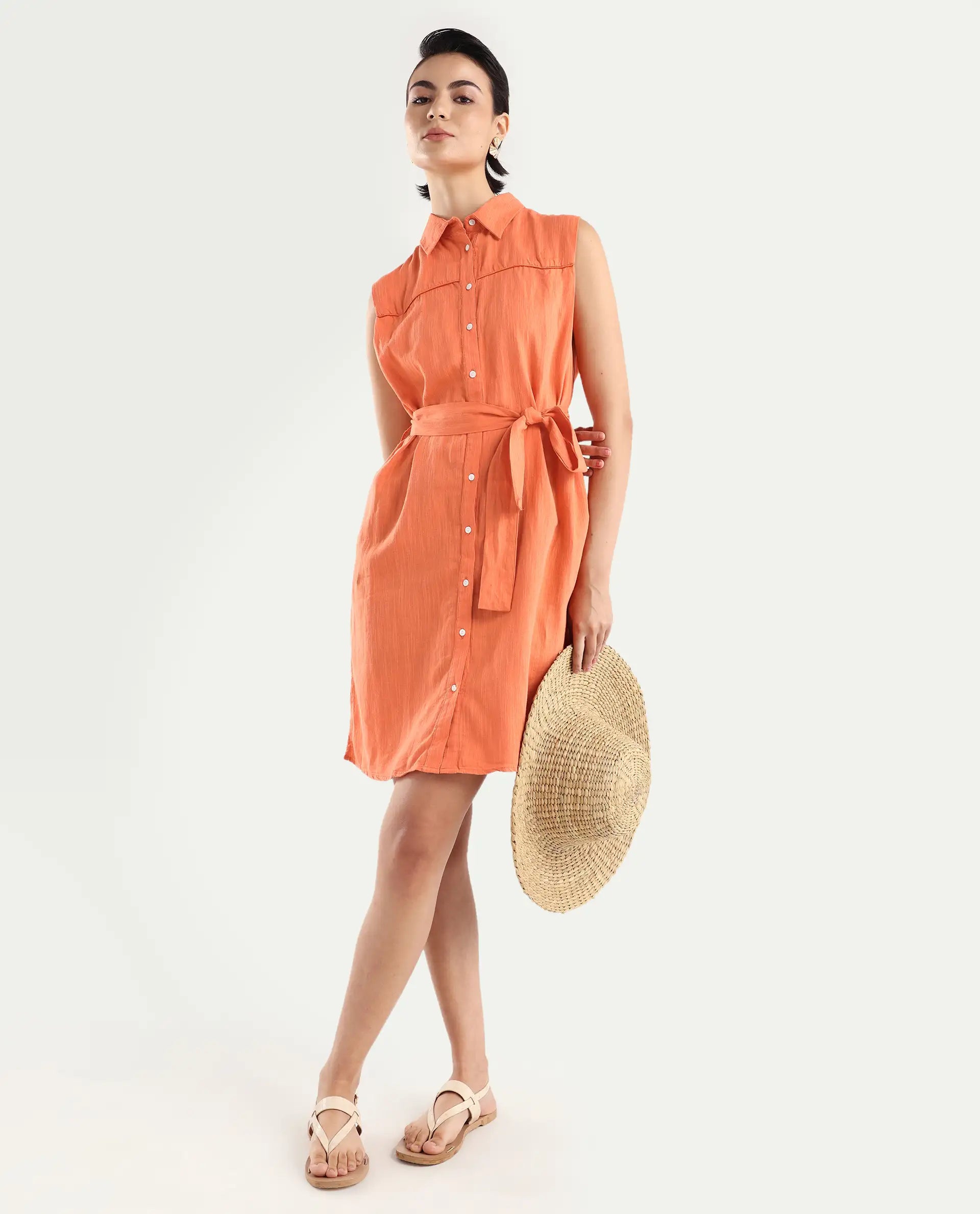 Rareism Women's Zolaa Orange Linen Spread Collar Plain Sleeveless Mini Regular Fit Dress