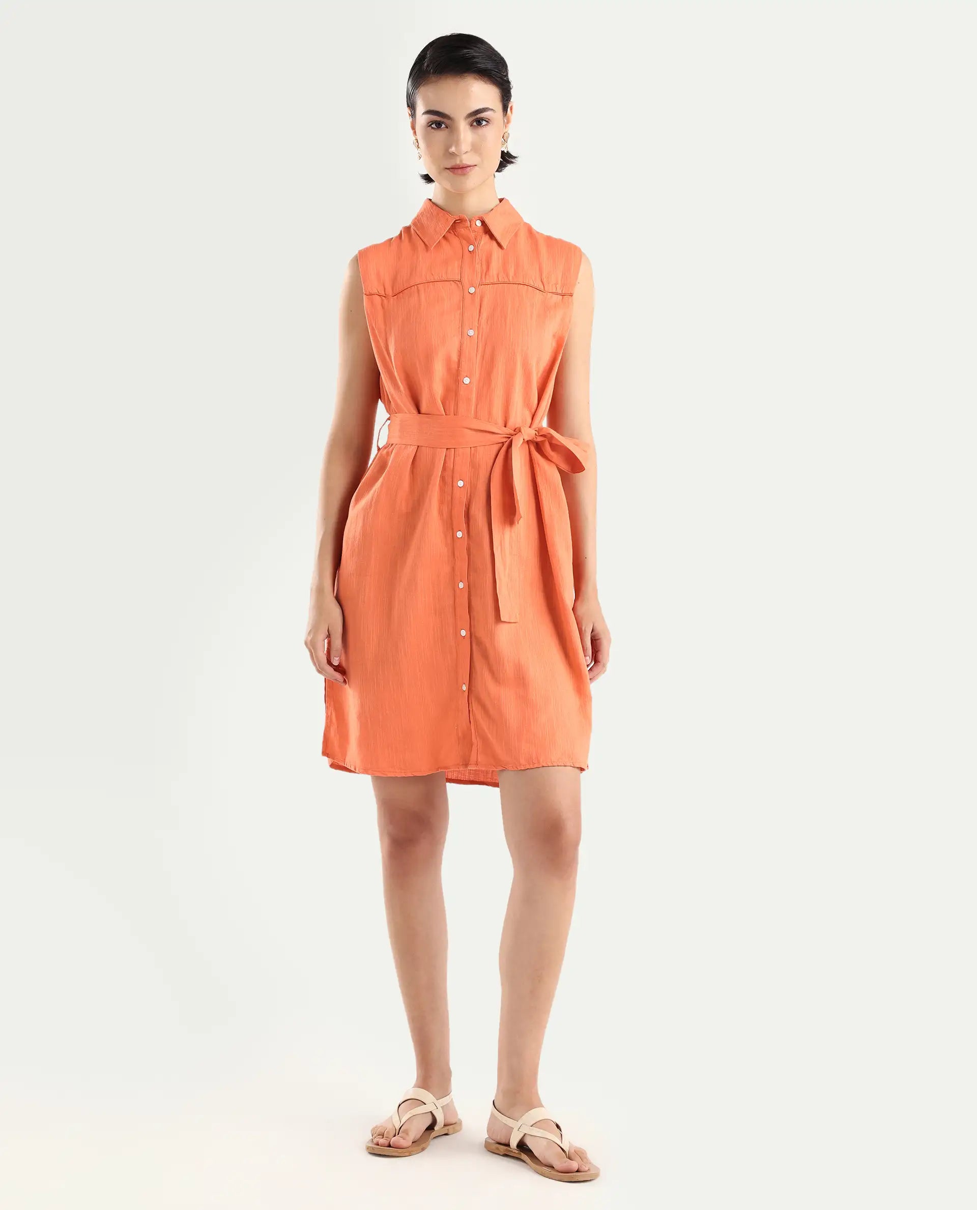 Rareism Women's Zolaa Orange Linen Spread Collar Plain Sleeveless Mini Regular Fit Dress