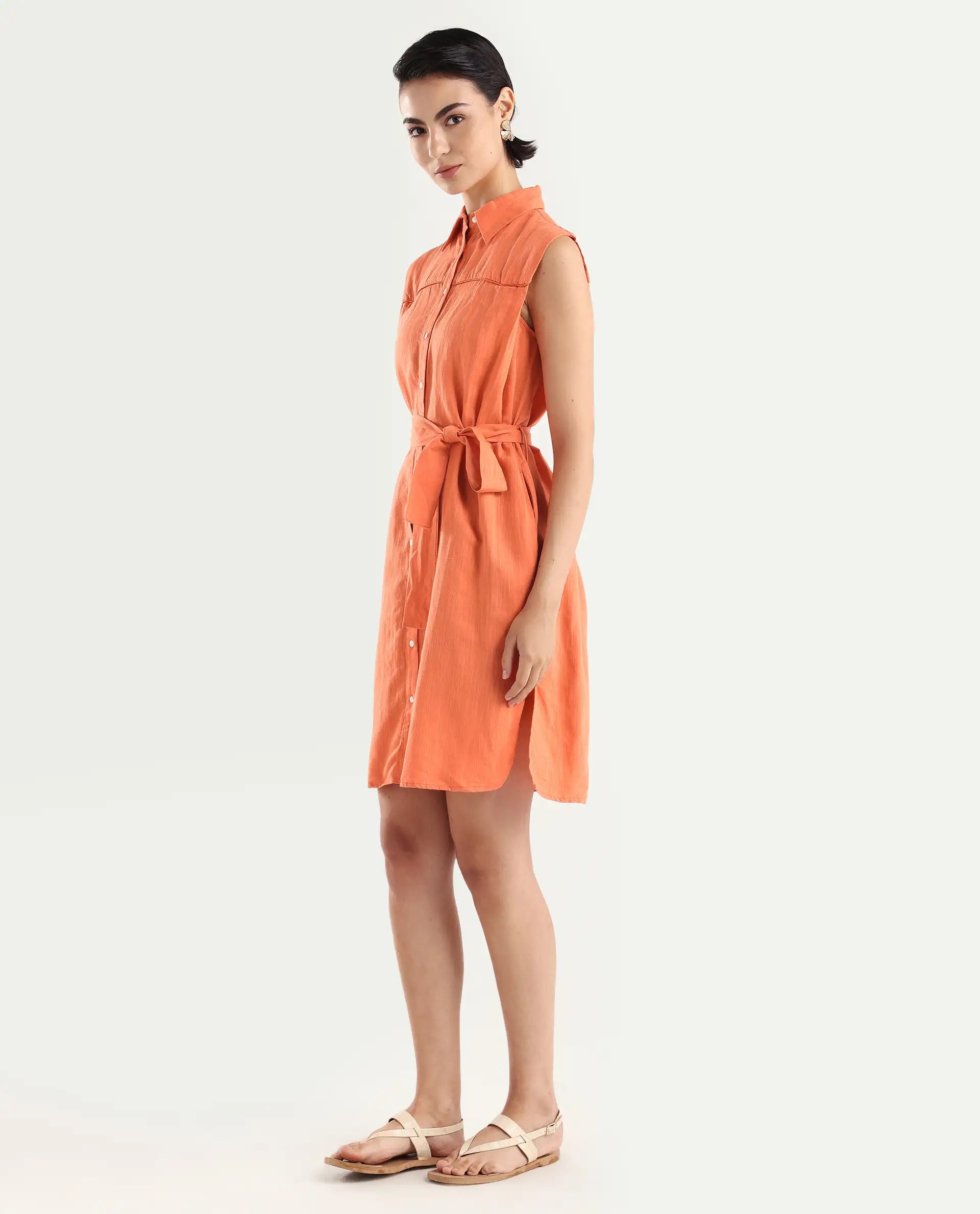 Rareism Women's Zolaa Orange Linen Spread Collar Plain Sleeveless Mini Regular Fit Dress