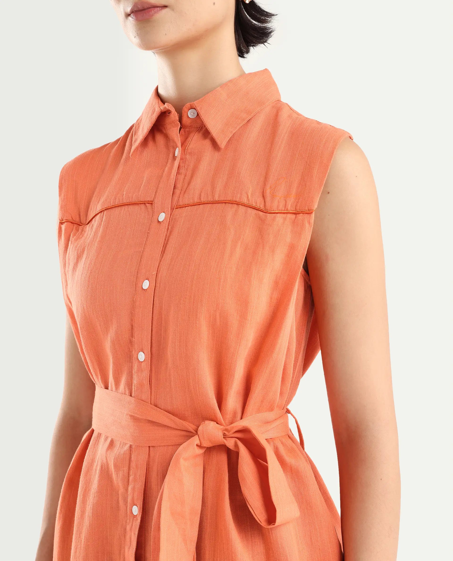 Rareism Women's Zolaa Orange Linen Spread Collar Plain Sleeveless Mini Regular Fit Dress