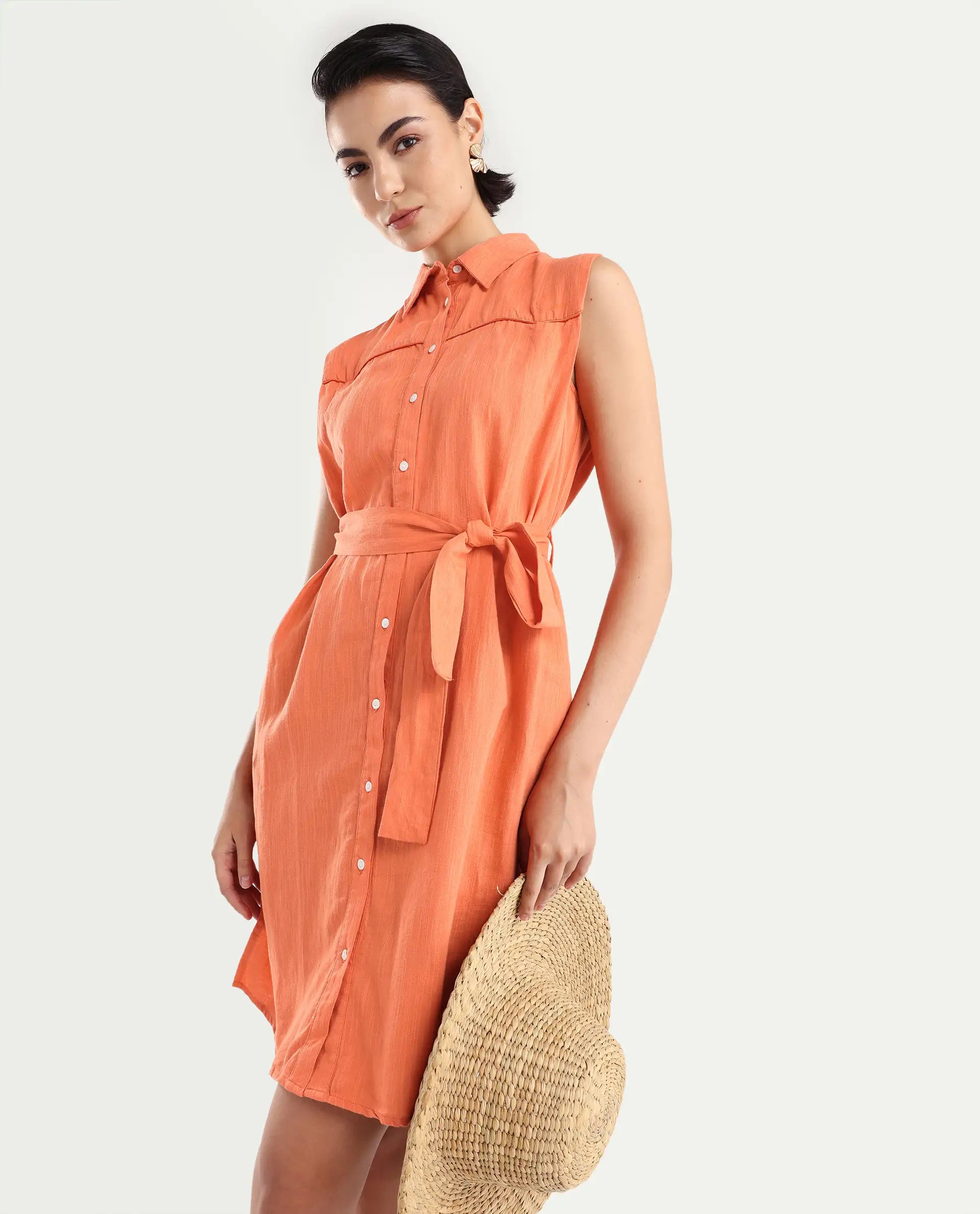 Rareism Women's Zolaa Orange Linen Spread Collar Plain Sleeveless Mini Regular Fit Dress