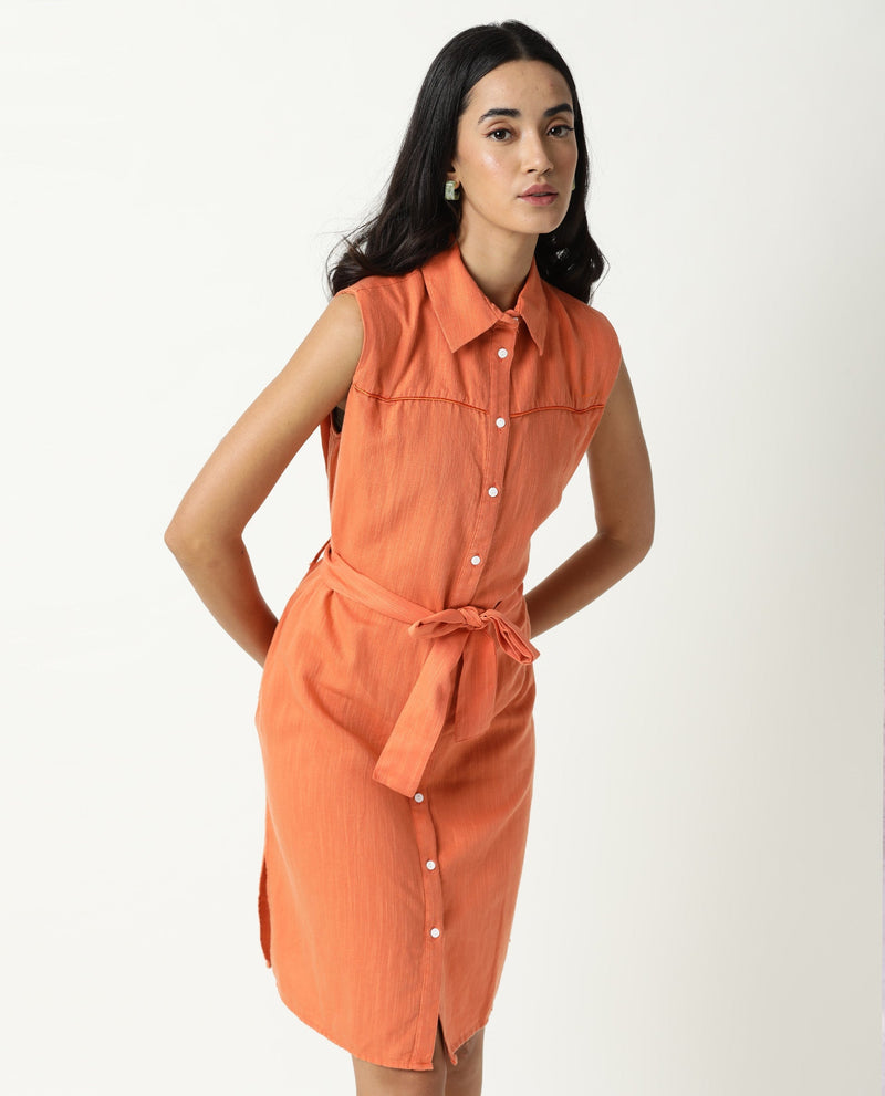 Rareism Women Zolaa Orange Shirt Collar Front Packet With Buttons Fabric Waist Belt And Side Slit Knee Length Dress