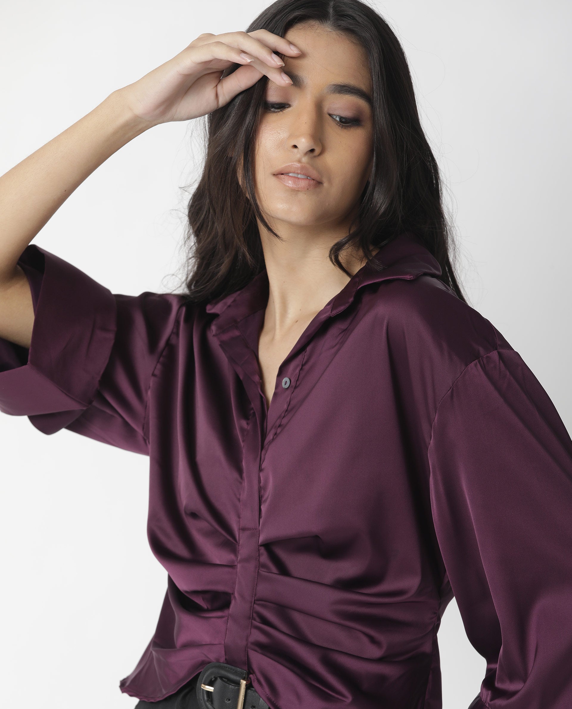 Rareism Womens Zomat Purple Top Modal Fabric Regular Fit Bell Sleeves Collared Neck