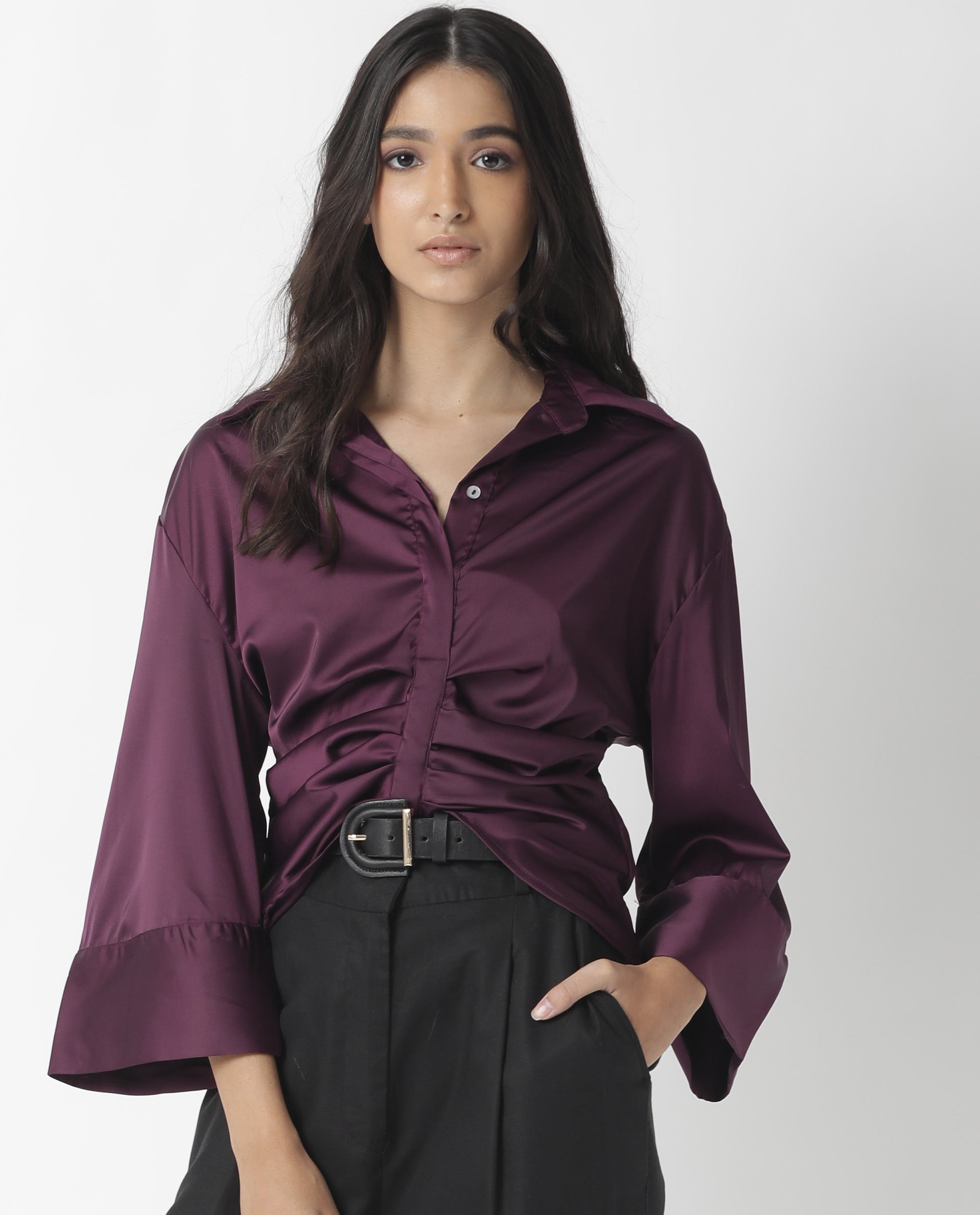 Rareism Womens Zomat Purple Top Modal Fabric Regular Fit Bell Sleeves Collared Neck