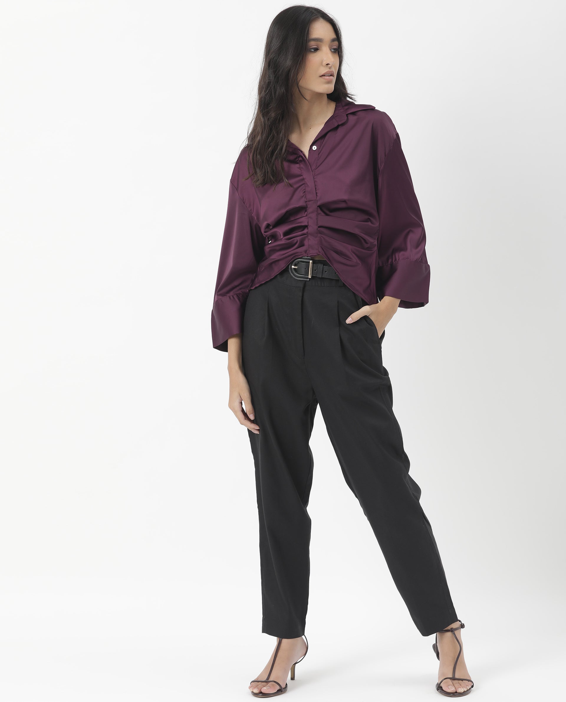 Rareism Womens Zomat Purple Top Modal Fabric Regular Fit Bell Sleeves Collared Neck