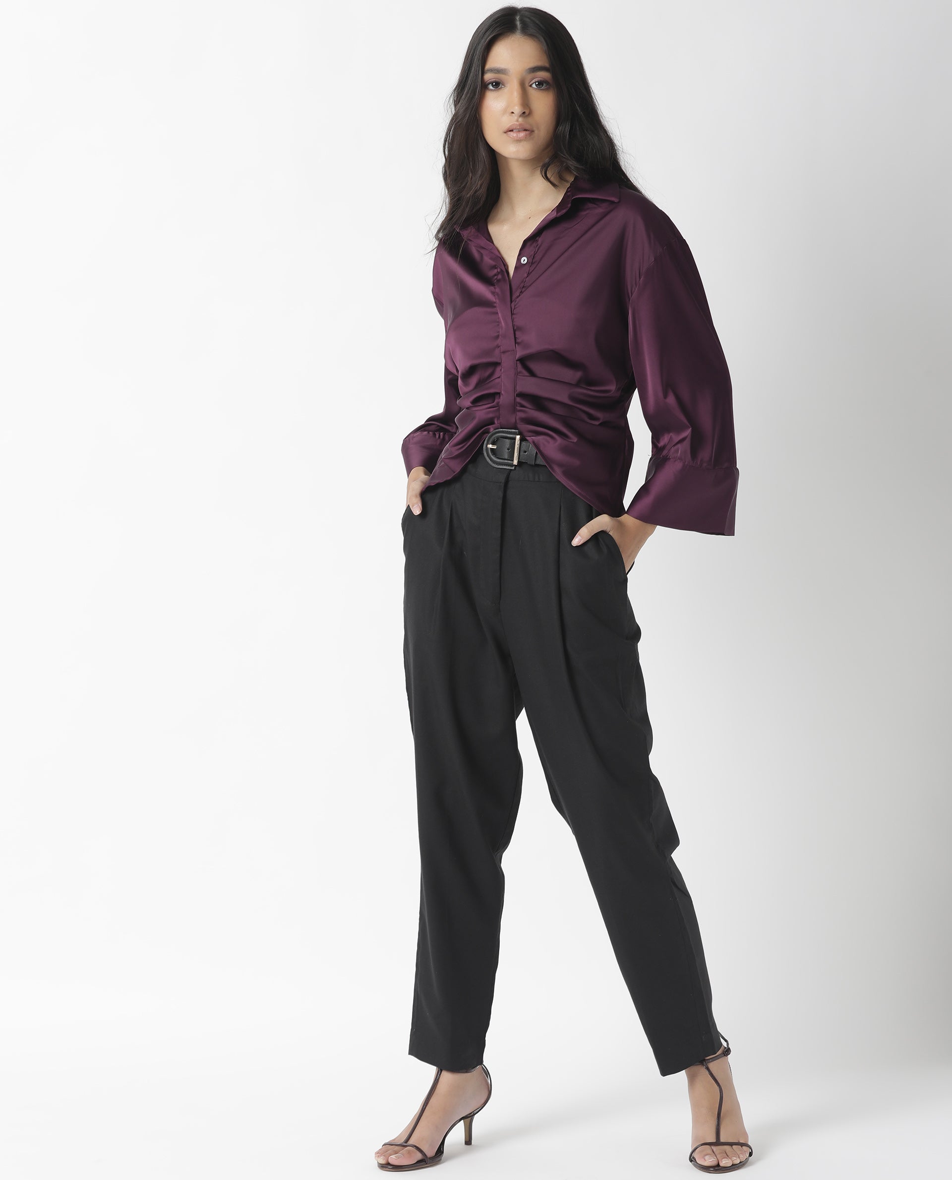 Rareism Womens Zomat Purple Top Modal Fabric Regular Fit Bell Sleeves Collared Neck