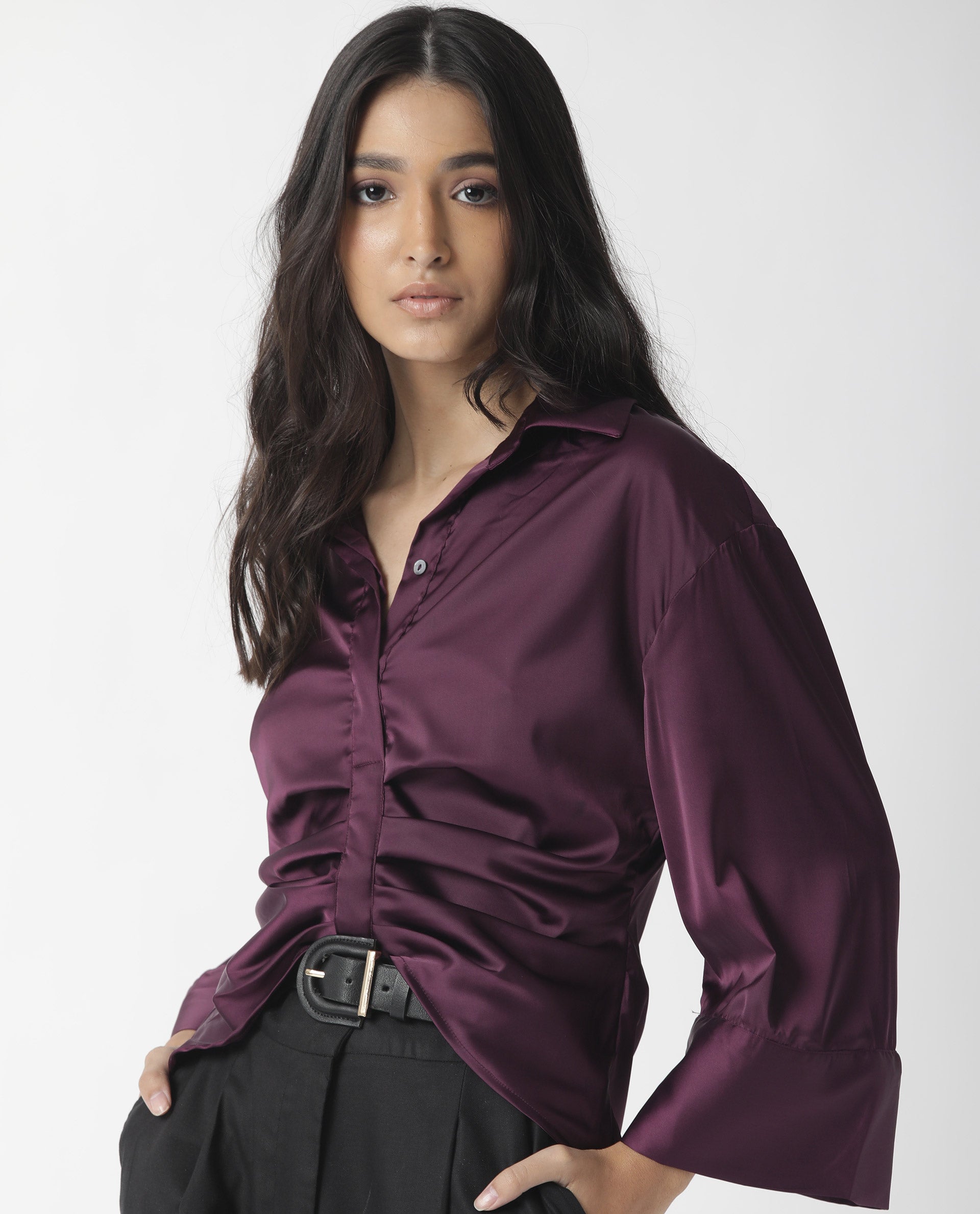 Rareism Womens Zomat Purple Top Modal Fabric Regular Fit Bell Sleeves Collared Neck
