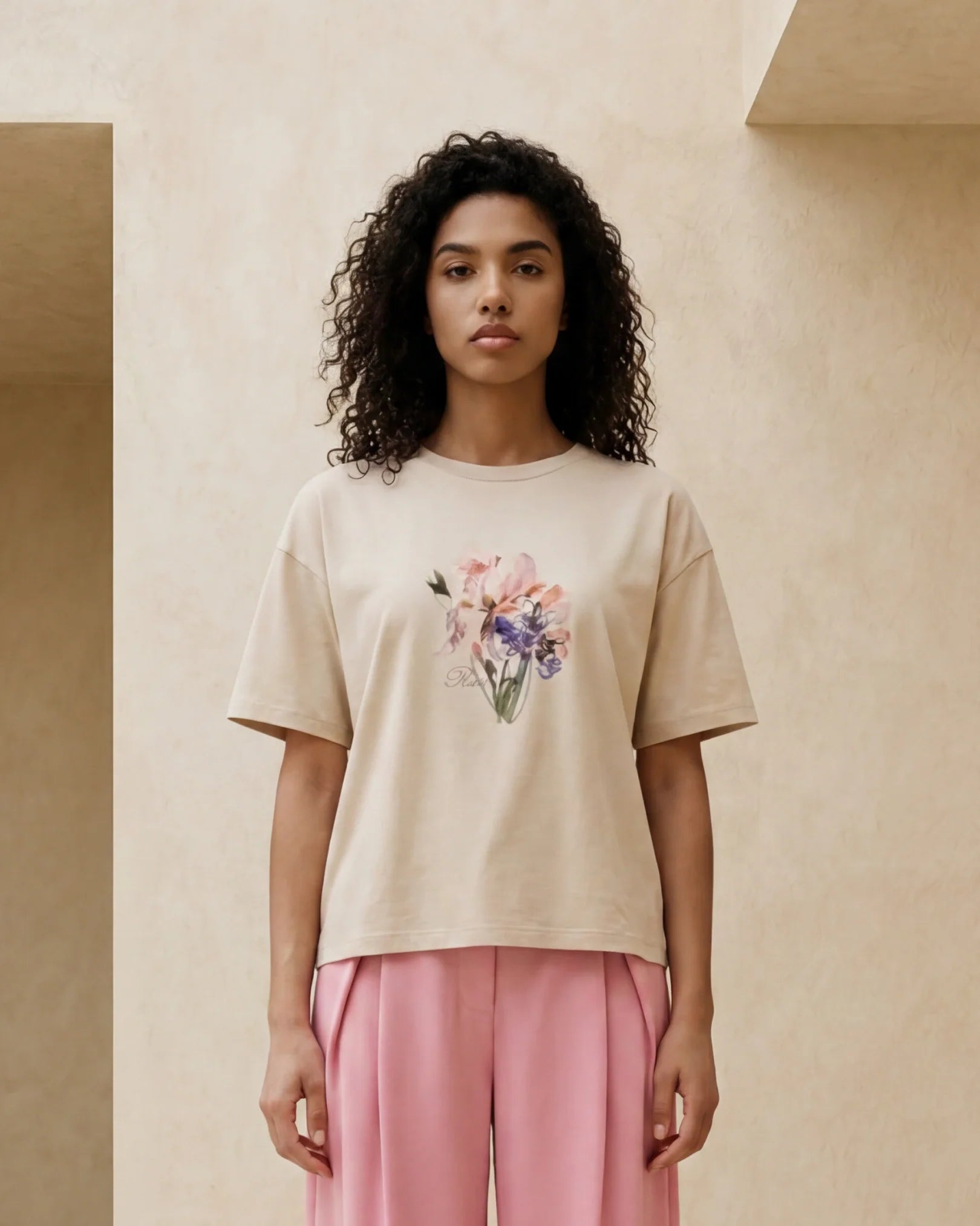 Rareism Women's Zone Beige Cotton Blend Half Sleeve Boxy Floral Print T-Shirt