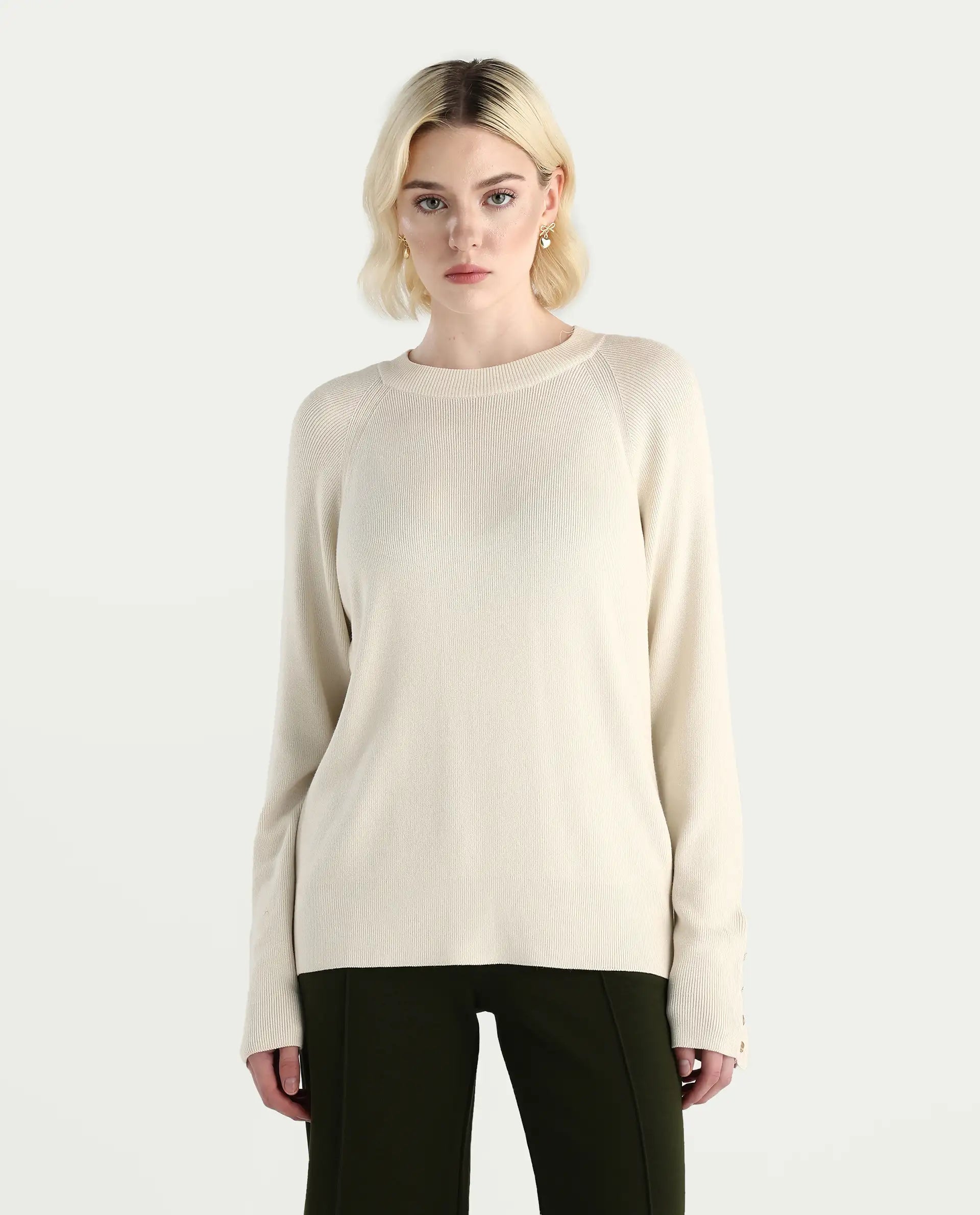 Rareism Women's Zora Off White Viscose Blend Crew Neck Relaxed Fit Sweater