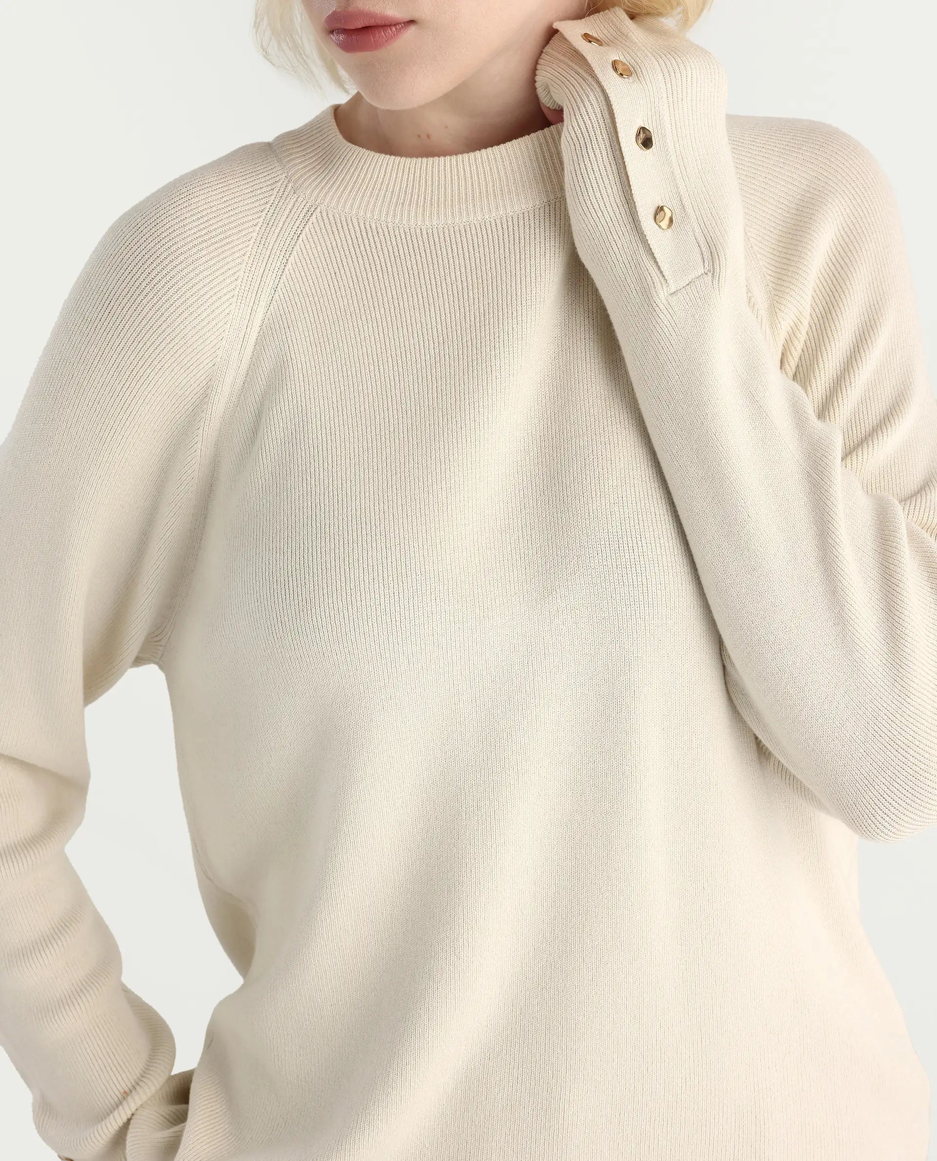 Rareism Women's Zora Off White Viscose Blend Crew Neck Relaxed Fit Sweater