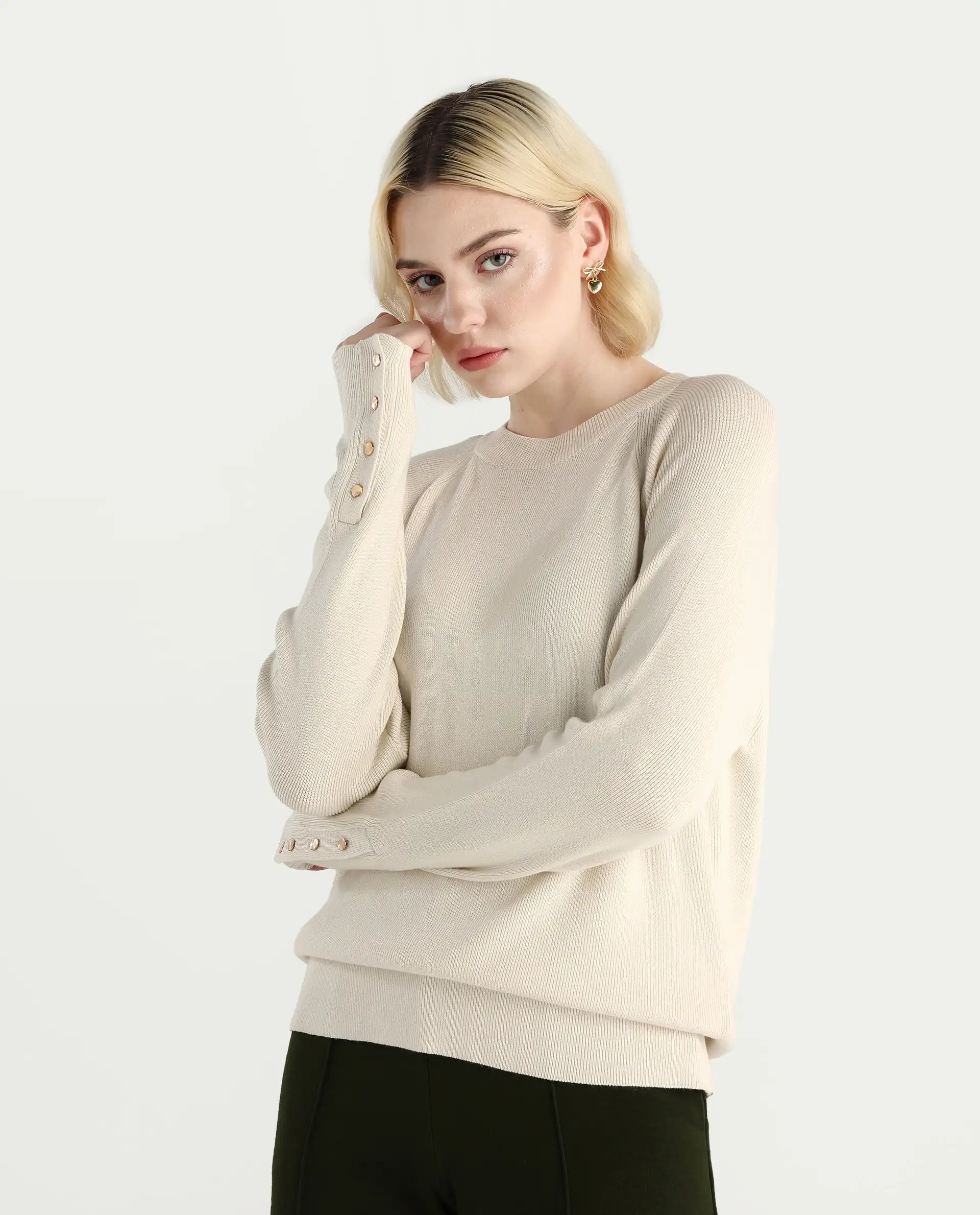 Rareism Women's Zora Off White Viscose Blend Crew Neck Relaxed Fit Sweater