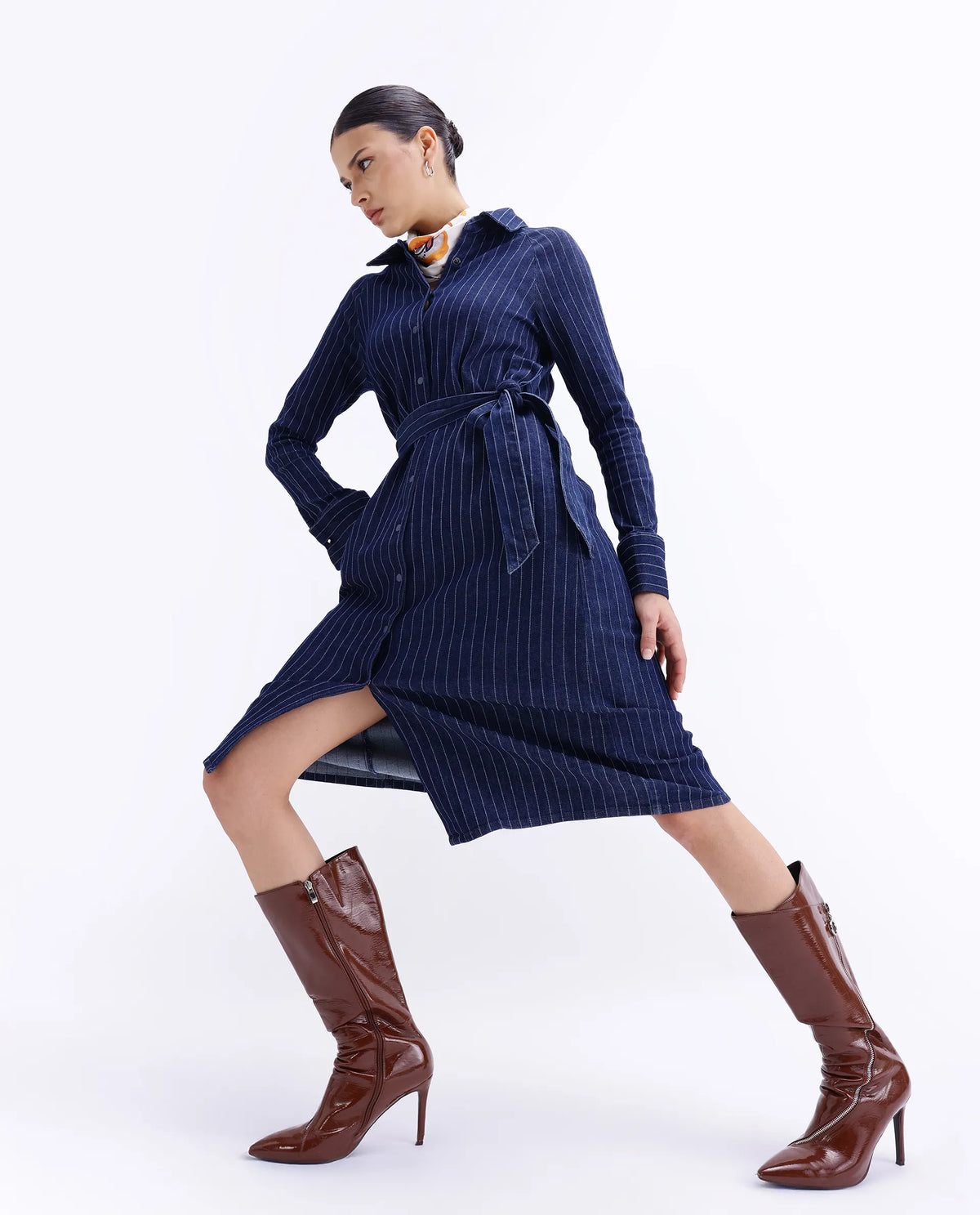 Rareism Women's Zrum Dark Blue Cotton Blend Drop Collar Striped Cuffed Sleeve Midi Boxy Fit Dress