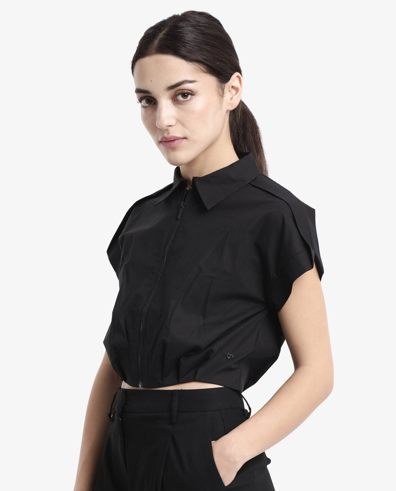 Rareism Women Zuckery Black Cotton Poly Fabric Extended Sleeves Collared Neck Zipper Closure Cropped Plain Top