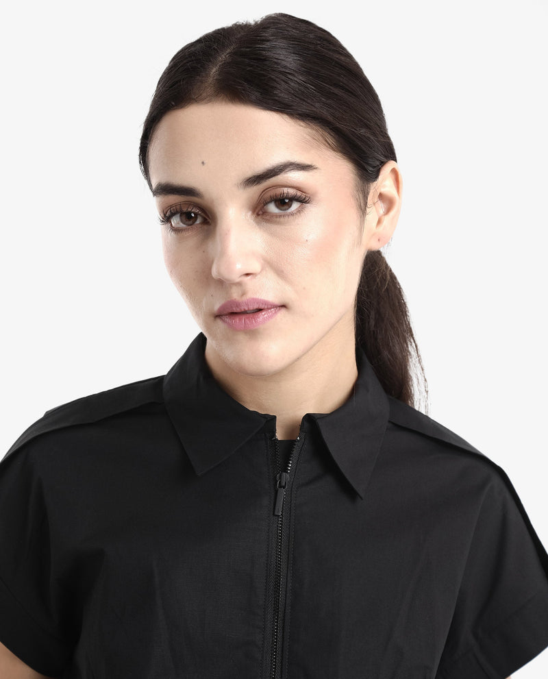 Rareism Women Zuckery Black Cotton Poly Fabric Extended Sleeves Collared Neck Zipper Closure Cropped Plain Top