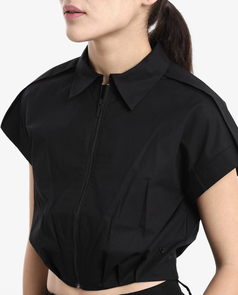 Rareism Women Zuckery Black Cotton Poly Fabric Extended Sleeves Collared Neck Zipper Closure Cropped Plain Top