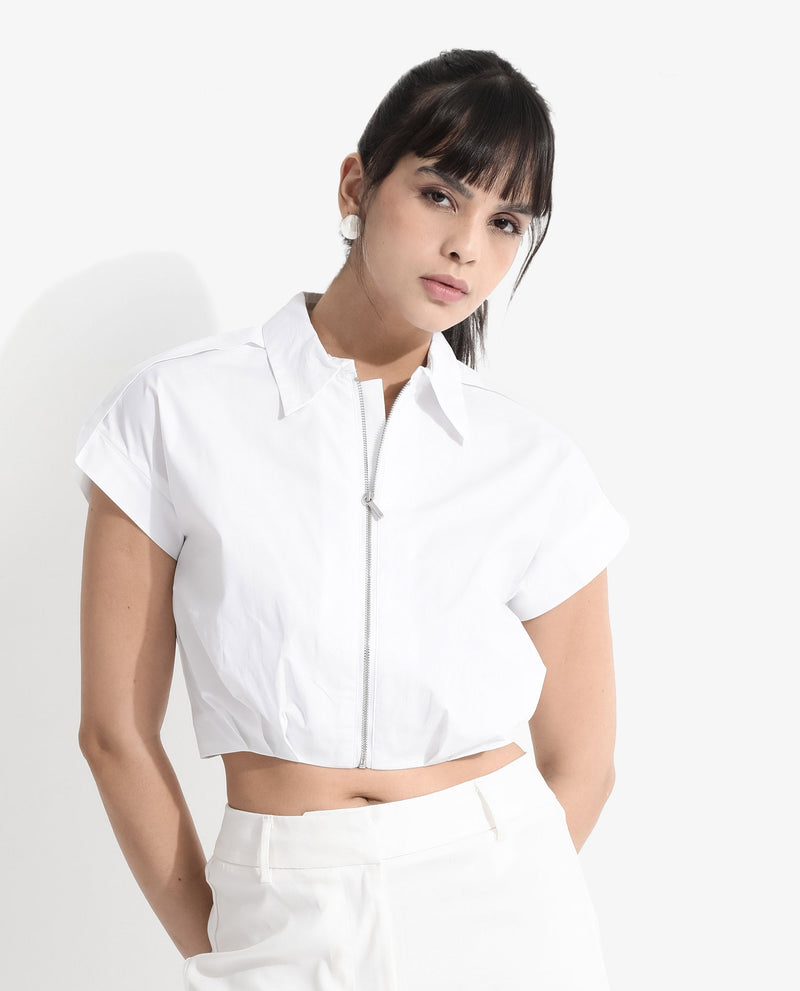 Rareism Women Zuckery White Cotton Poly Fabric Extended Sleeves Collared Neck Zipper Closure Cropped Plain Top