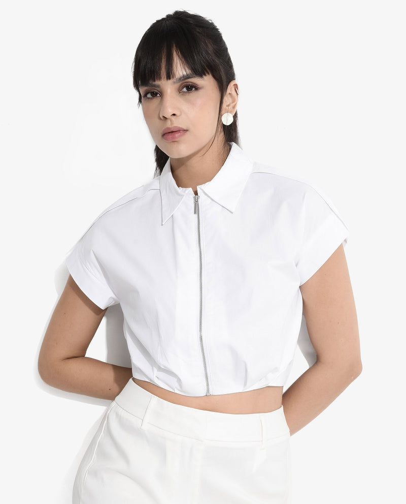 Rareism Women Zuckery White Cotton Poly Fabric Extended Sleeves Collared Neck Zipper Closure Cropped Plain Top