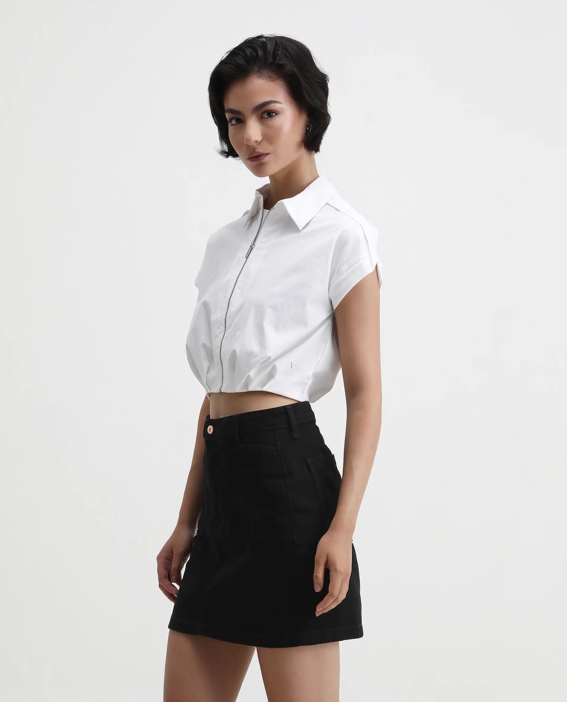 Rareism Women's Zuckery White Cotton Blend Drop Collar Plain Extended Sleeves Crop Regular Fit Top
