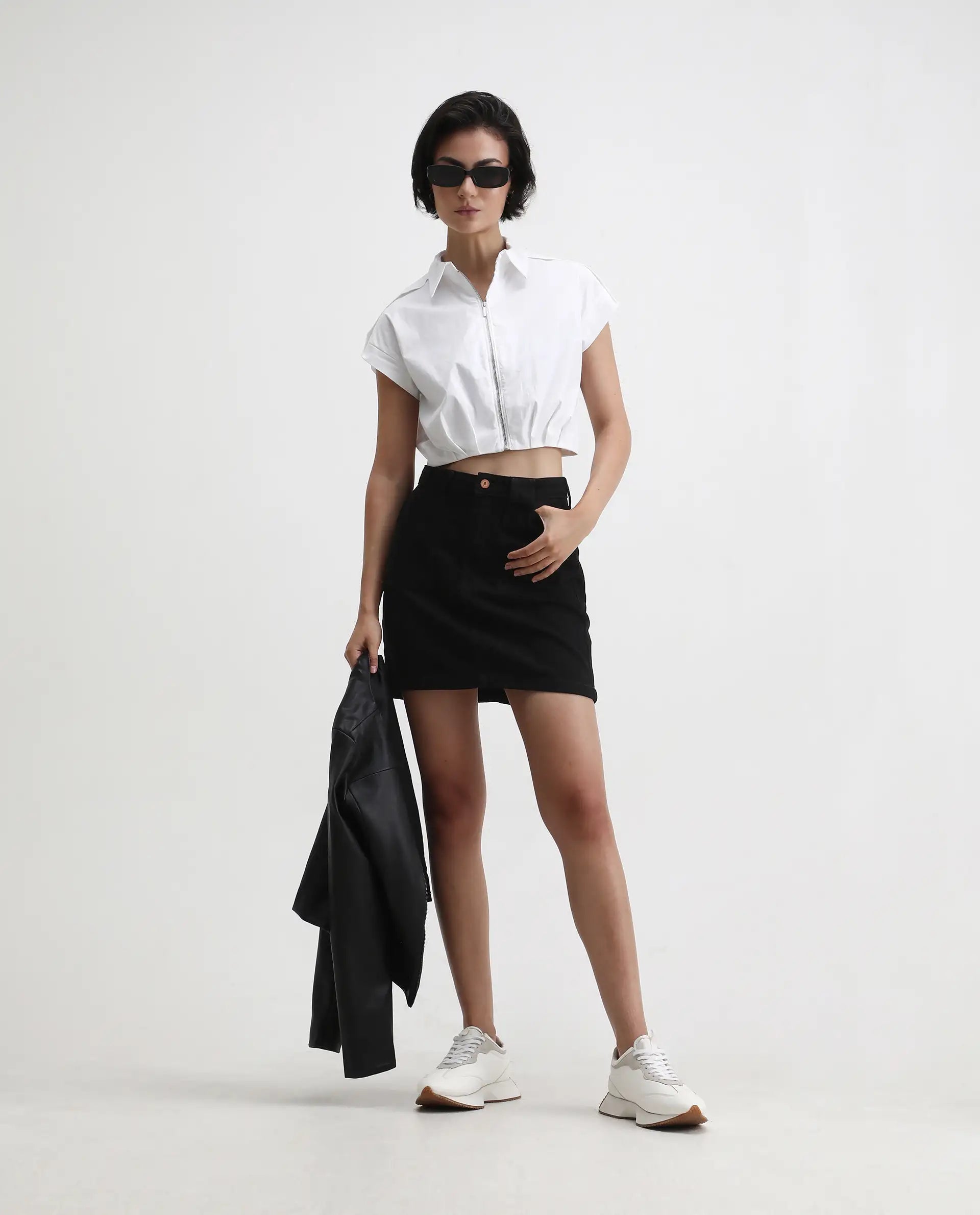 Rareism Women's Zuckery White Cotton Blend Drop Collar Plain Extended Sleeves Crop Regular Fit Top