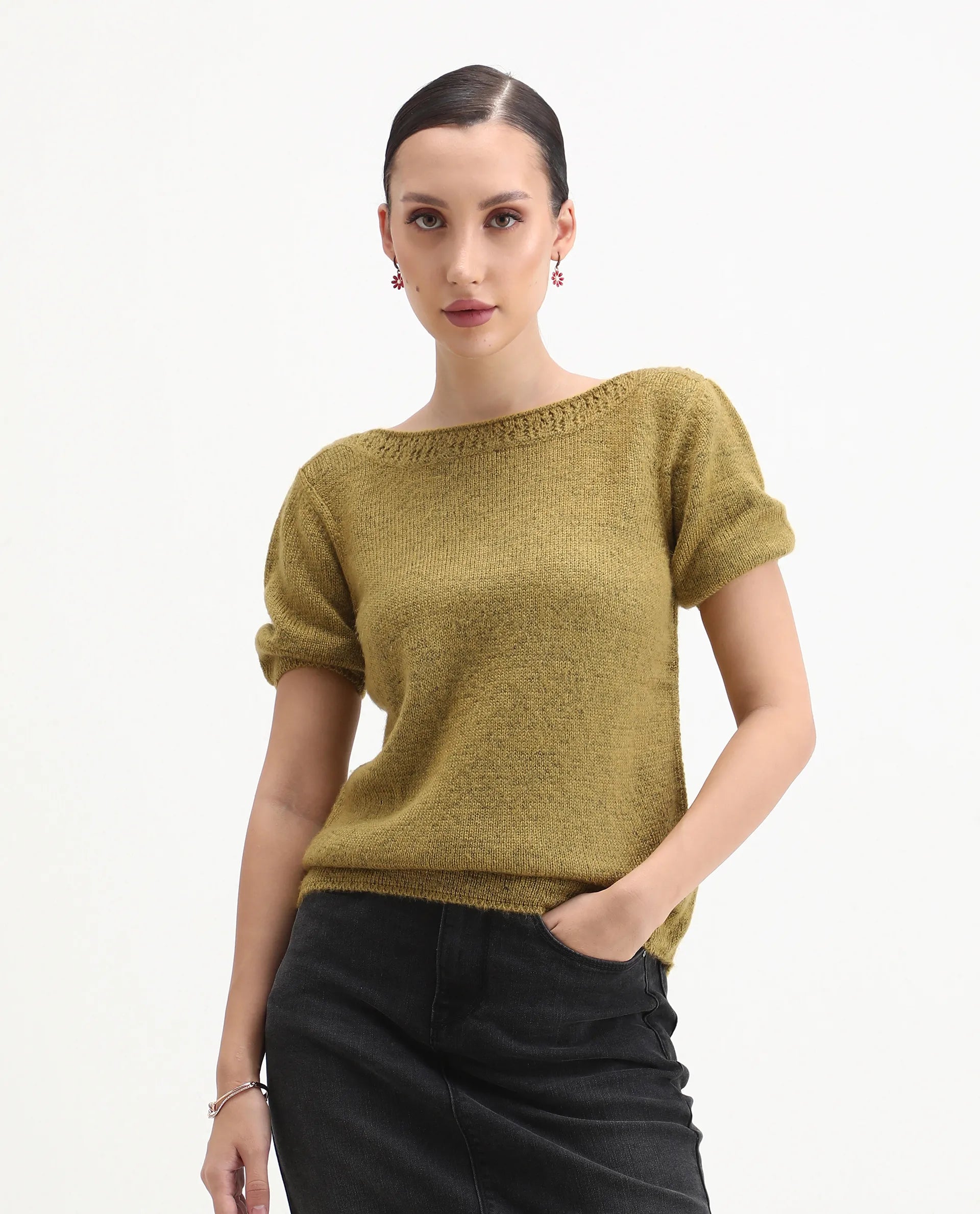 Rareism Women's Zulaii Light Green Acrylic Blend Boat Neck Relaxed Fit Plain Sweater