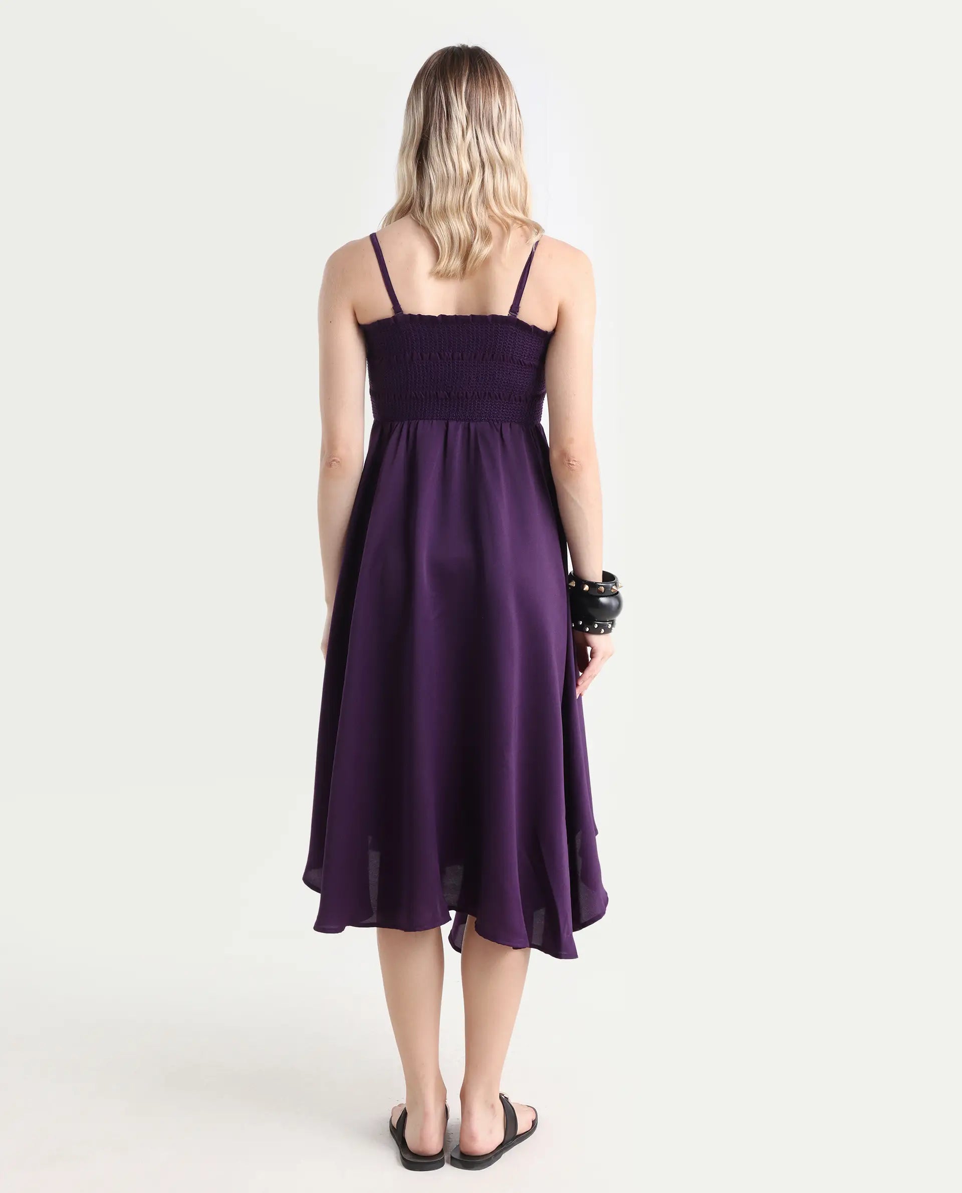 Rareism Women's Zuret Dark Purple Viscose Tube Neck Plain Sleeveless Knee Length Regular Fit Dress
