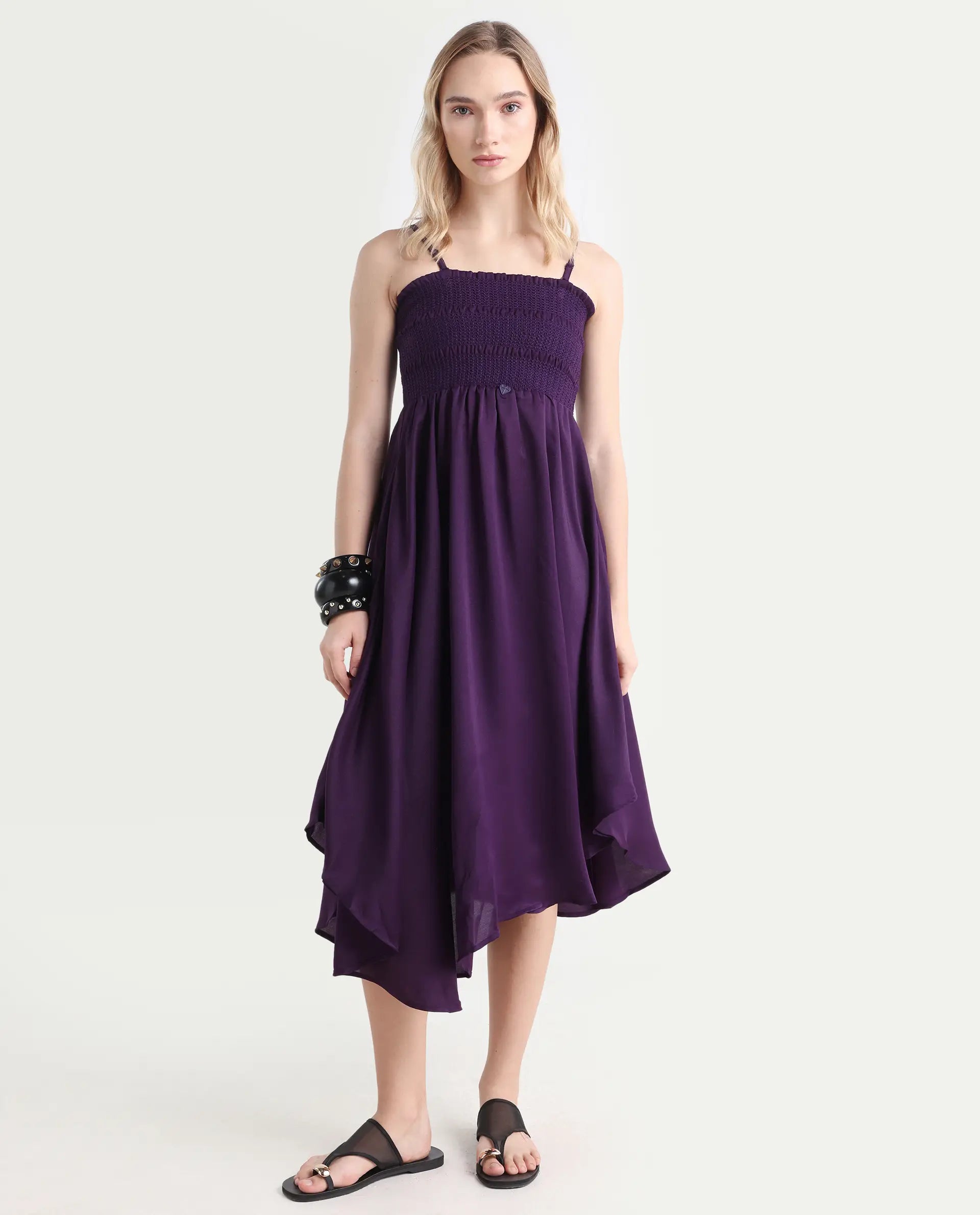 Rareism Women's Zuret Dark Purple Viscose Tube Neck Plain Sleeveless Knee Length Regular Fit Dress