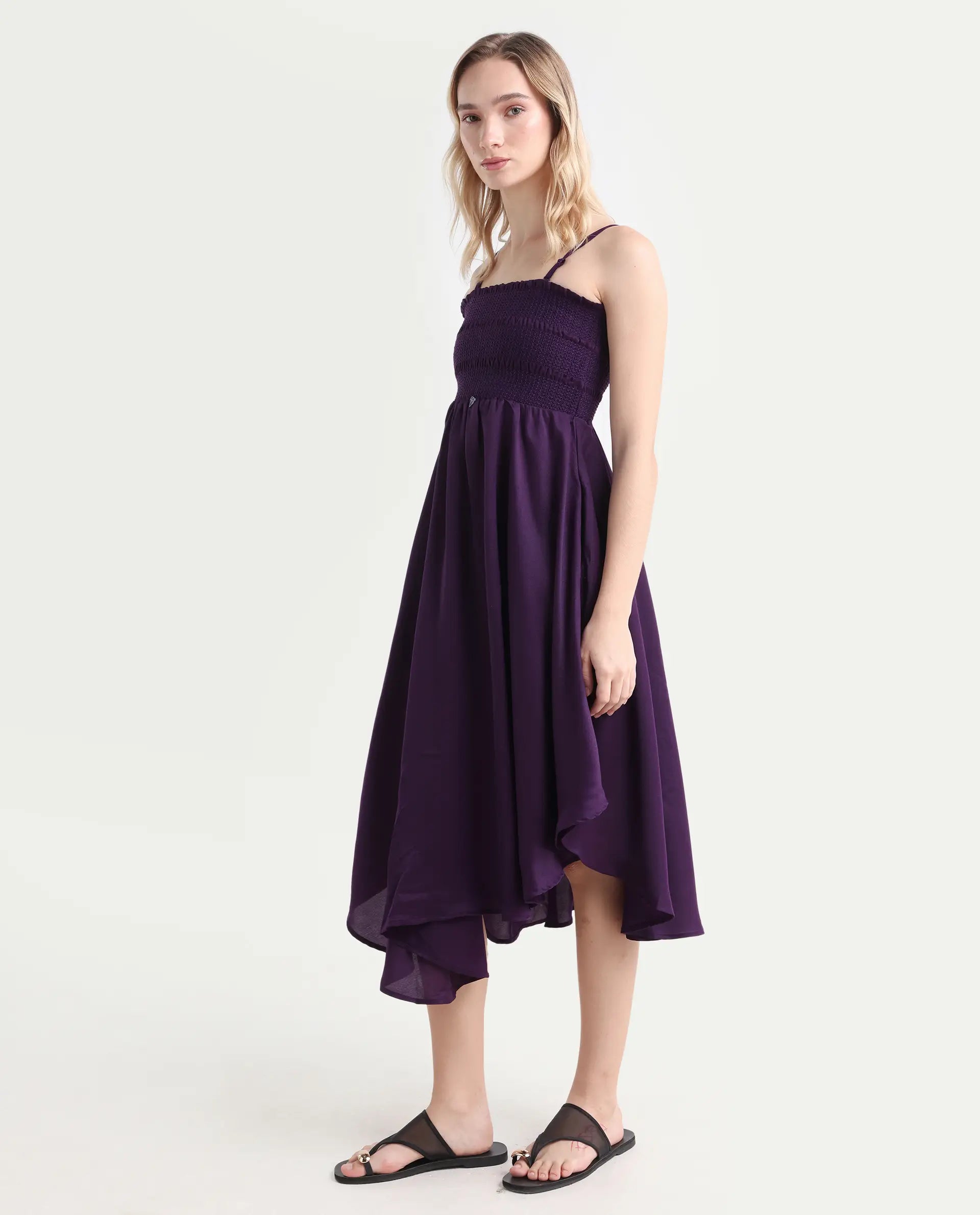 Rareism Women's Zuret Dark Purple Viscose Tube Neck Plain Sleeveless Knee Length Regular Fit Dress